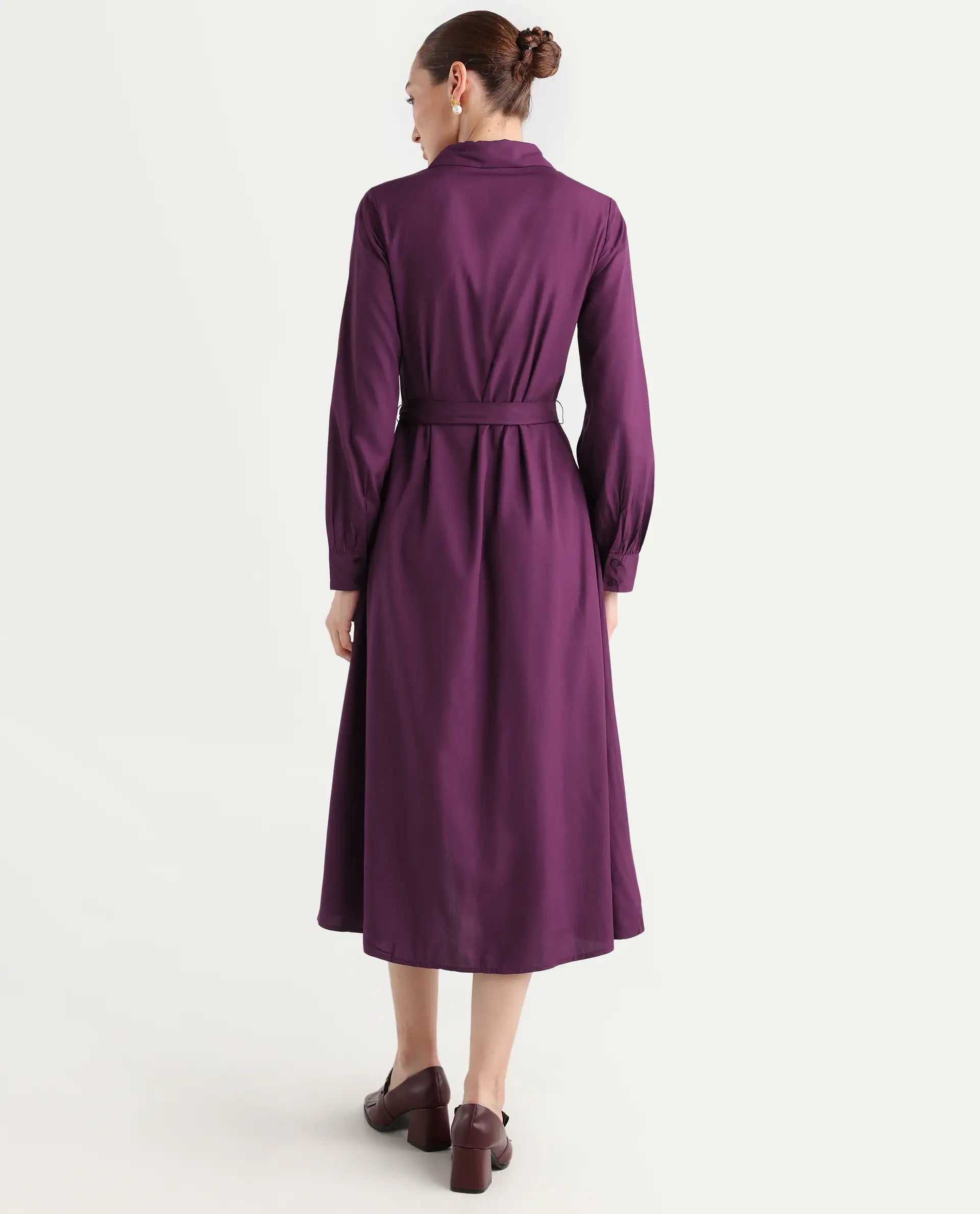 Rareism Women's Eleia Maroon Viscose Collared Neck A-Line Plain Midi Dress