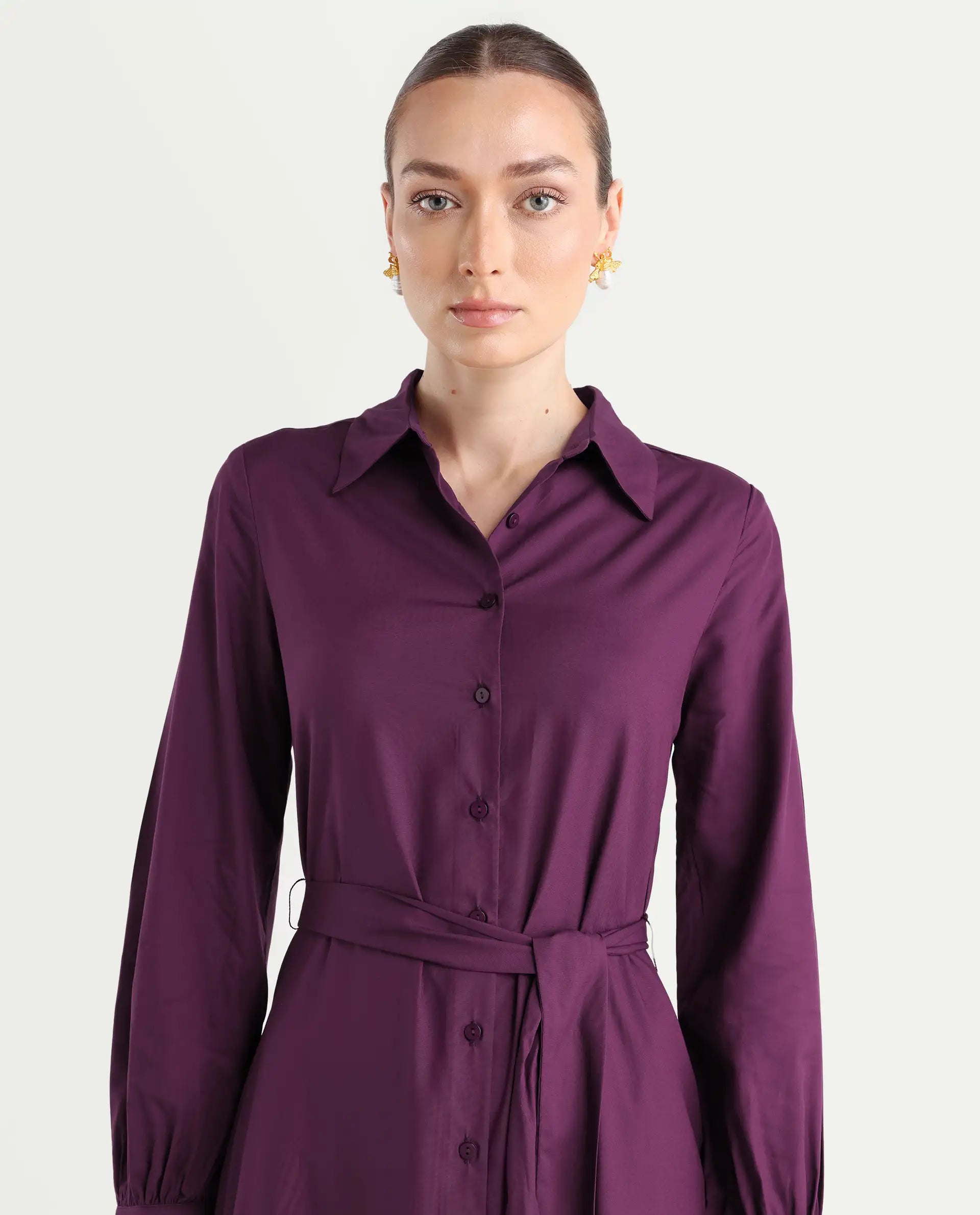 Rareism Women's Eleia Maroon Viscose Collared Neck A-Line Plain Midi Dress