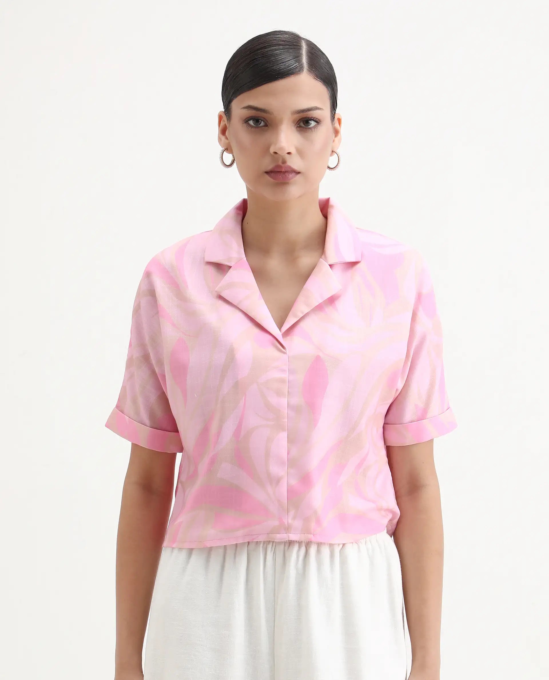 Rareism Women's Eleme-T Light Pink Polyester Extended Sleeves Lapel Neck Regular Fit Top