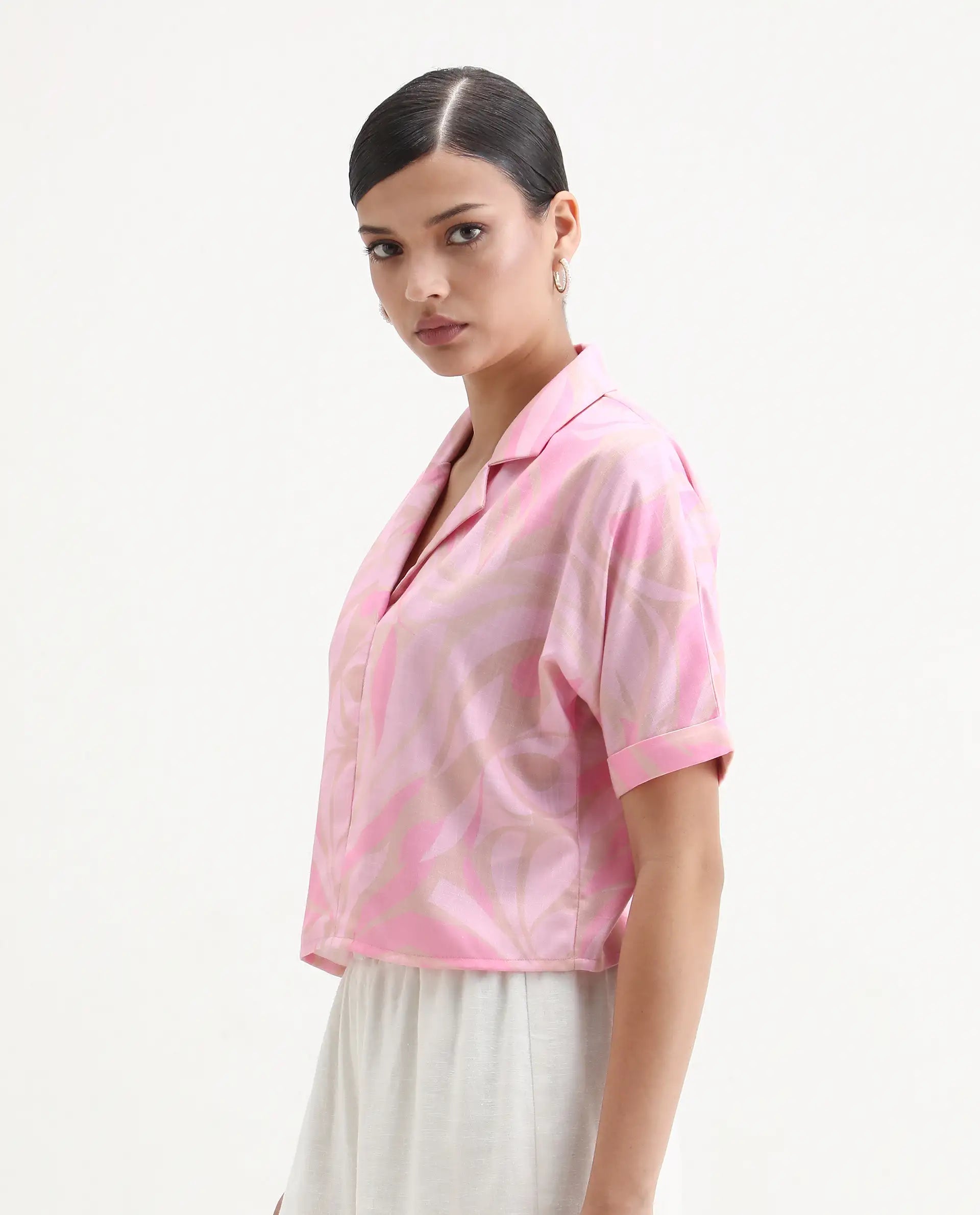 Rareism Women's Eleme-T Light Pink Polyester Extended Sleeves Lapel Neck Regular Fit Top