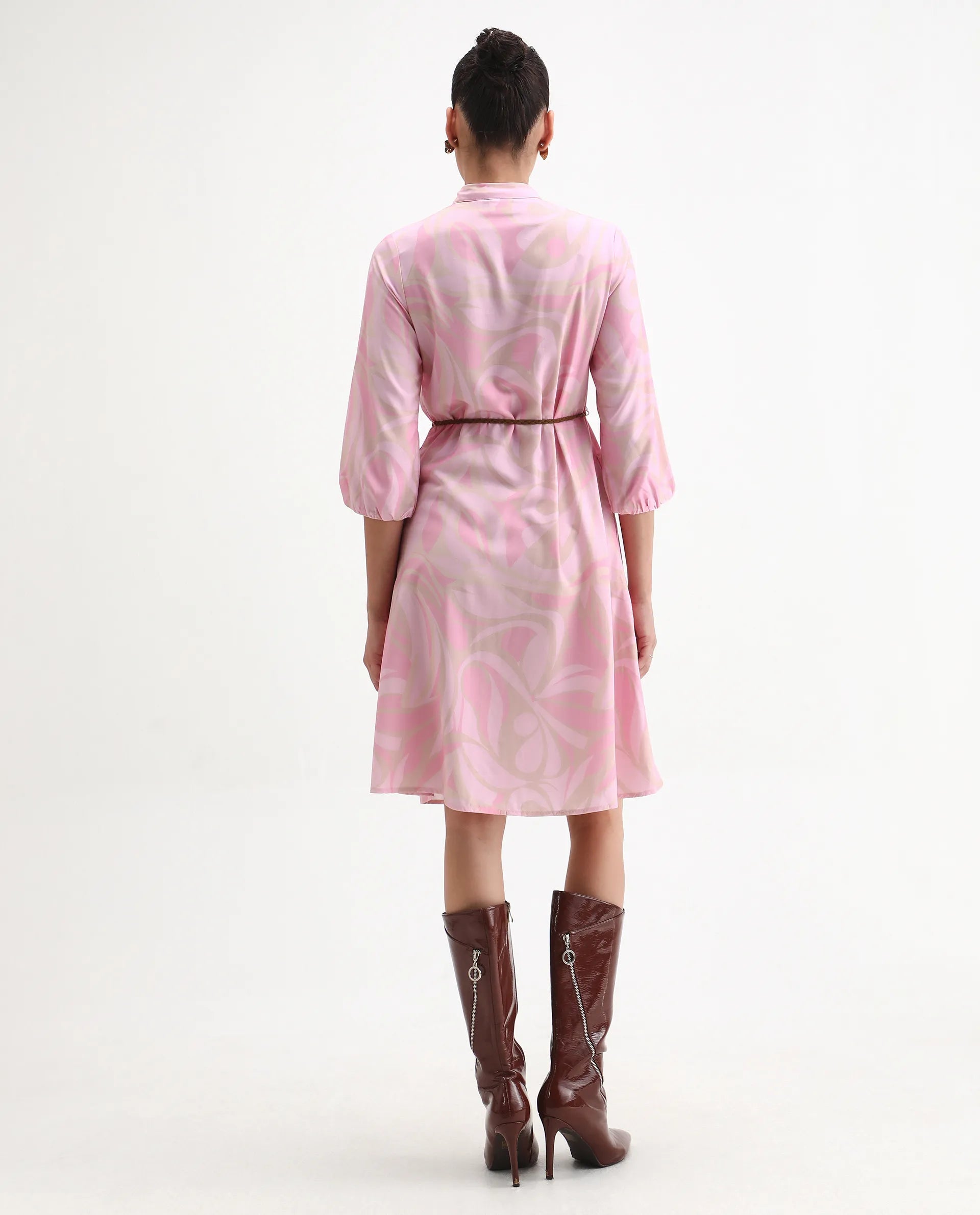 Rareism Women's Elena Light Pink Viscose Mandarin Collar A-Line Printed Dress