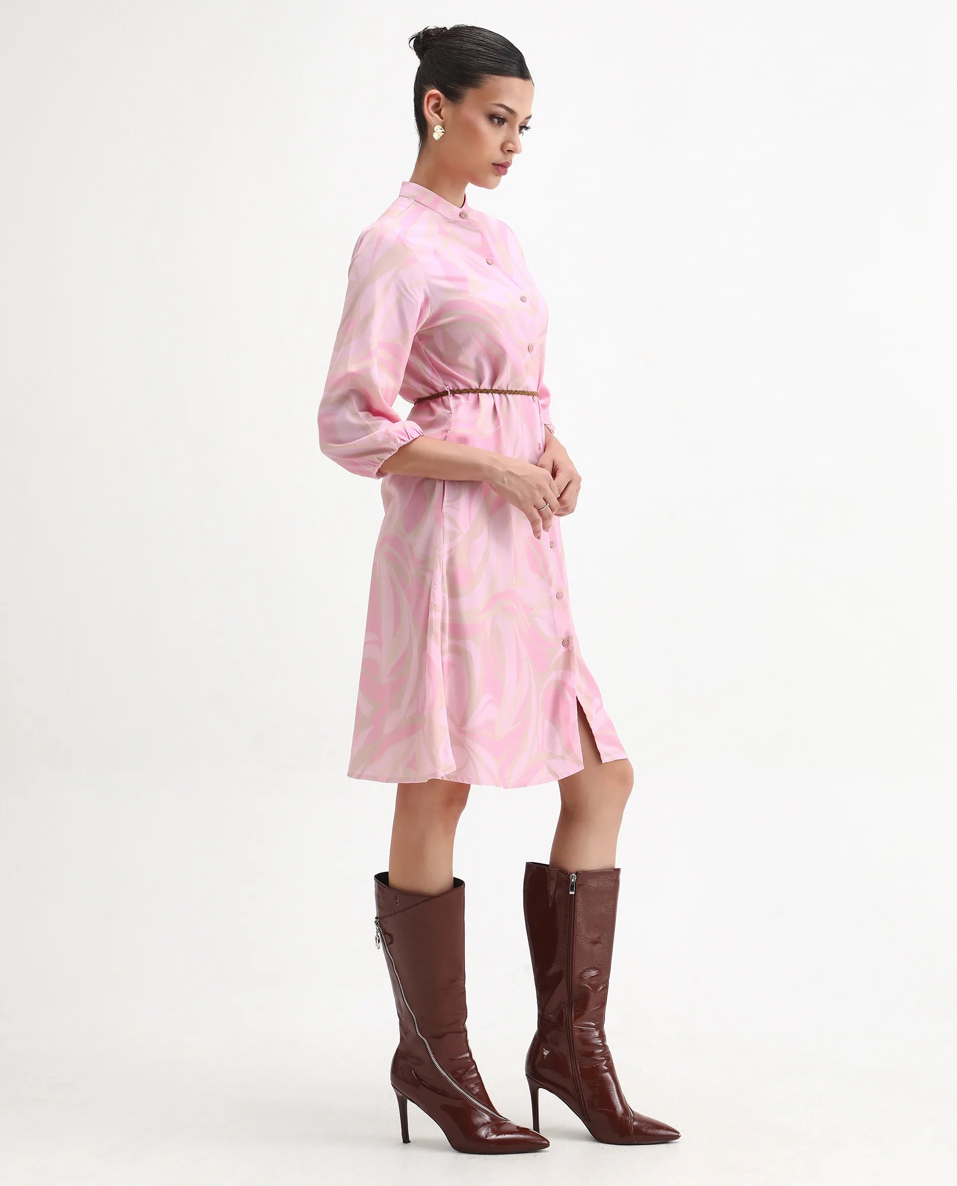 Rareism Women's Elena Light Pink Viscose Mandarin Collar A-Line Printed Dress