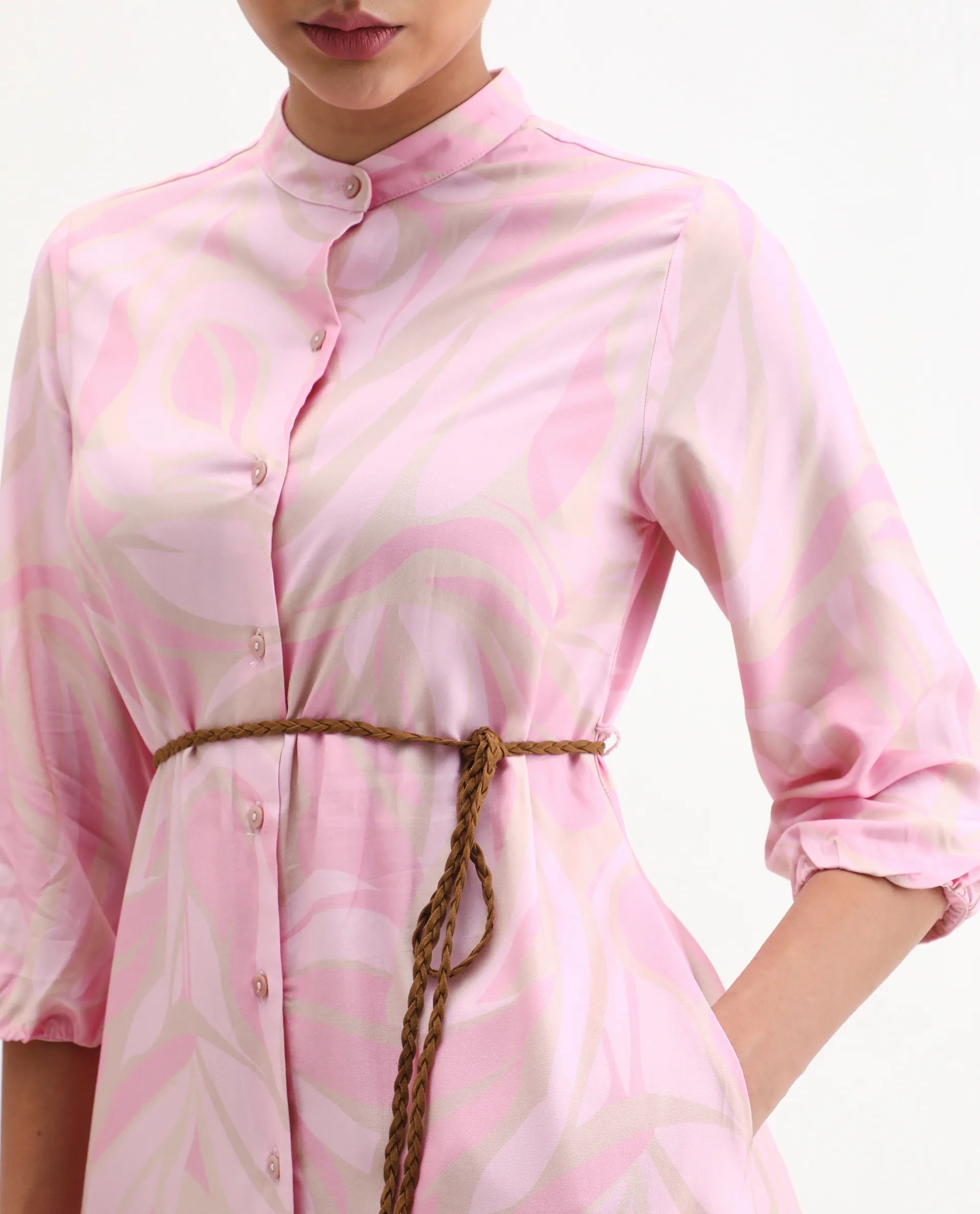 Rareism Women's Elena Light Pink Viscose Mandarin Collar A-Line Printed Dress