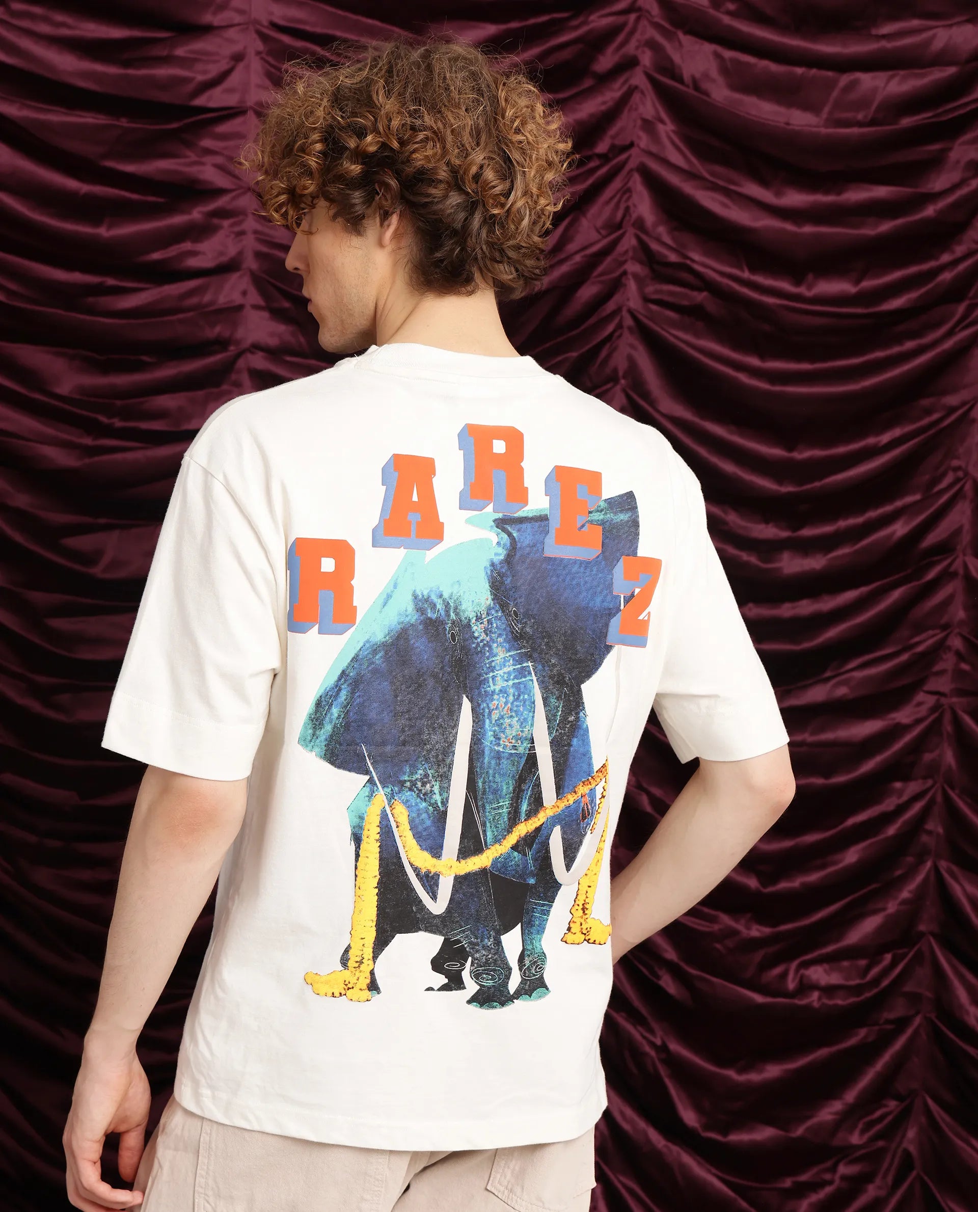 Rare Rabbit Men Elep Off White Cotton Fabric Short Sleeve Crew Neck Oversized Fit Graphic Back Print T-Shirt