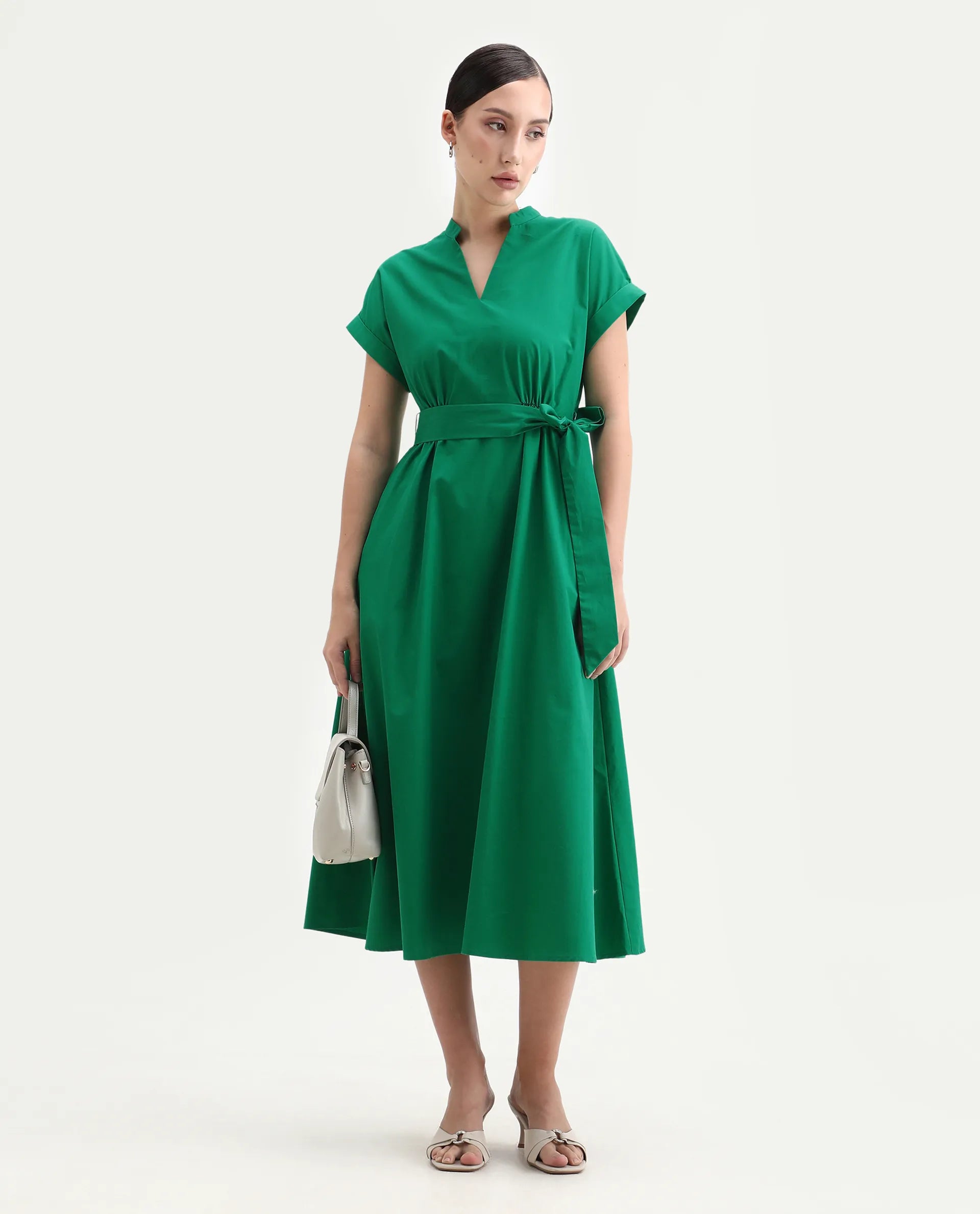 Rareism Women's Eleri Green Polyester Extended Sleeves Mandarin Collar A-Line Fit Plain Midi Dress