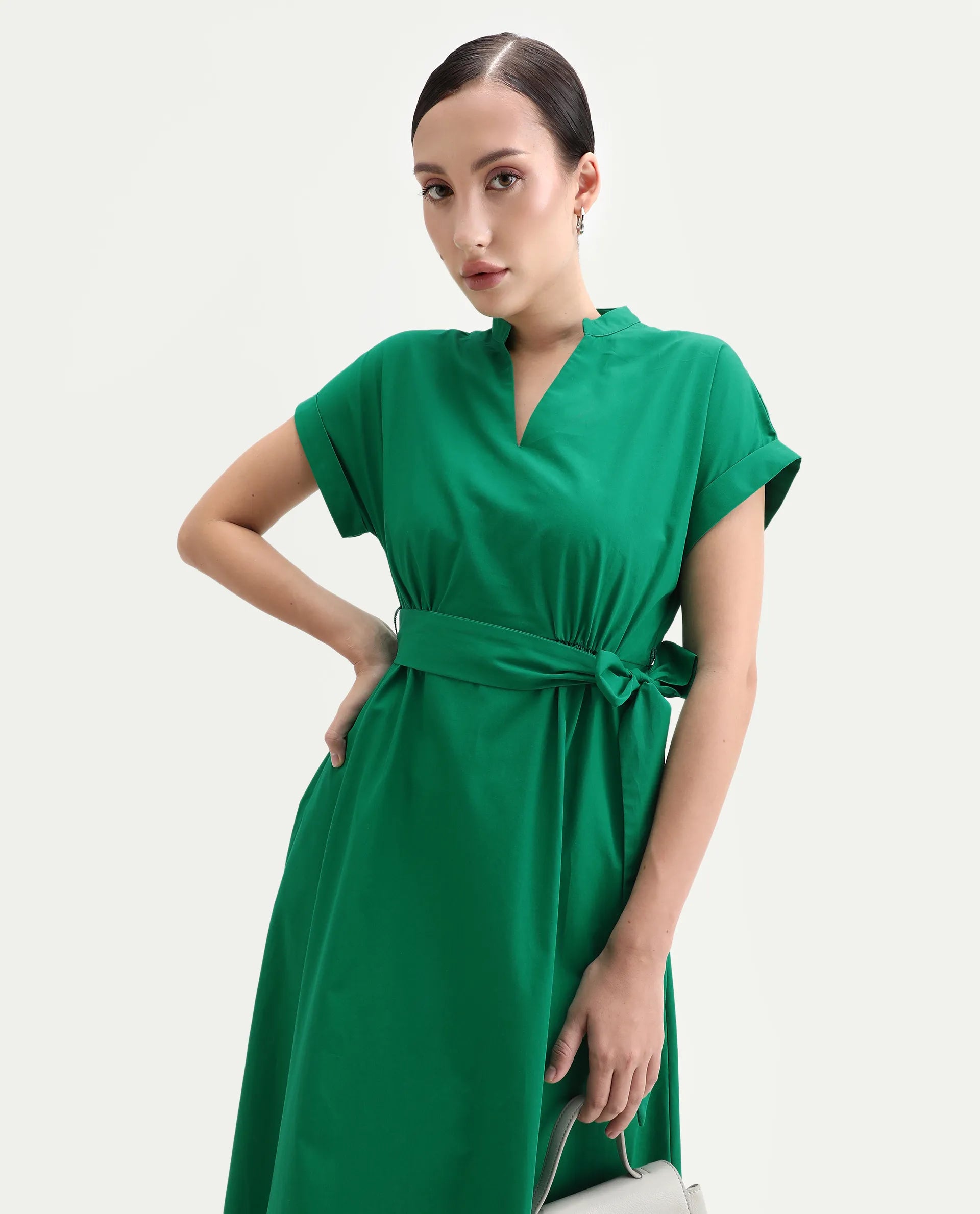 Rareism Women's Eleri Green Polyester Extended Sleeves Mandarin Collar A-Line Fit Plain Midi Dress