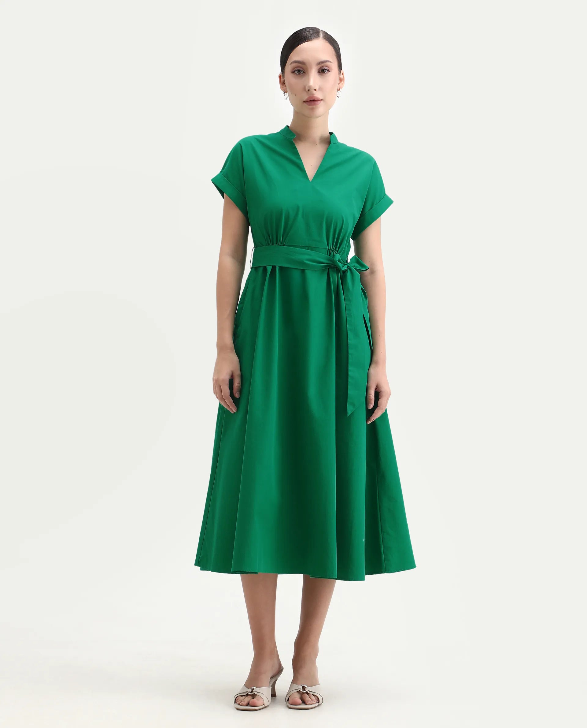 Rareism Women's Eleri Green Polyester Extended Sleeves Mandarin Collar A-Line Fit Plain Midi Dress