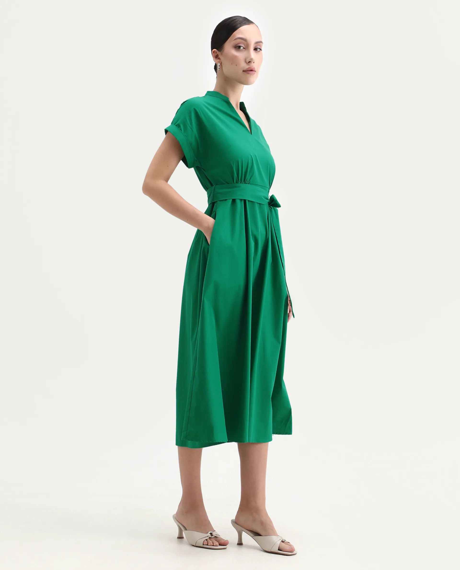 Rareism Women's Eleri Green Polyester Extended Sleeves Mandarin Collar A-Line Fit Plain Midi Dress