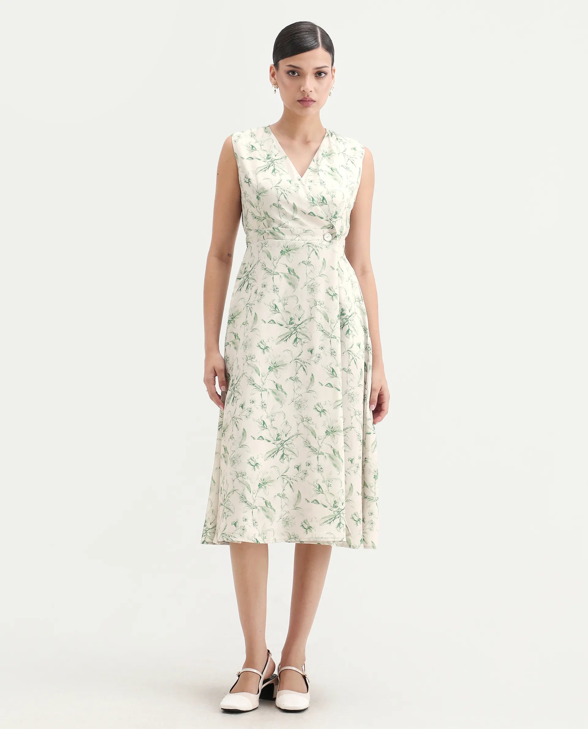 Rareism Women's Eleta Light Green Polyester V-Neck A-Line Floral Print Midi Dress