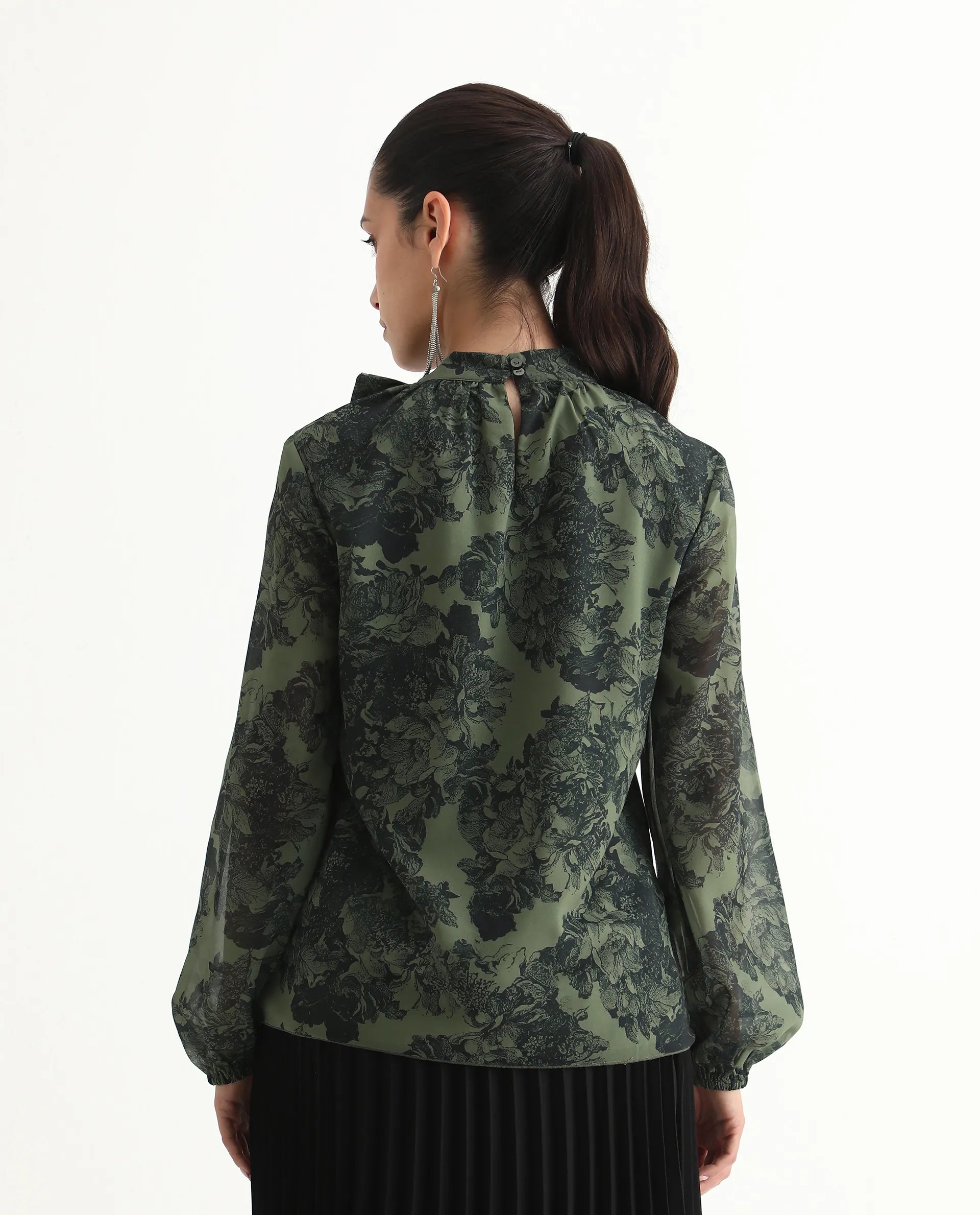 Rareism Women's Eleth Dark Green Polyester Bishop Sleeve Tie-Up Neck Regular Fit Top