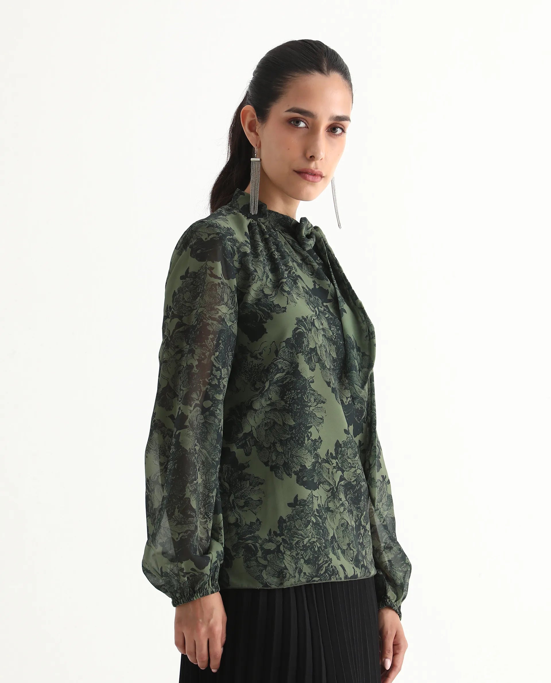 Rareism Women's Eleth Dark Green Polyester Bishop Sleeve Tie-Up Neck Regular Fit Top