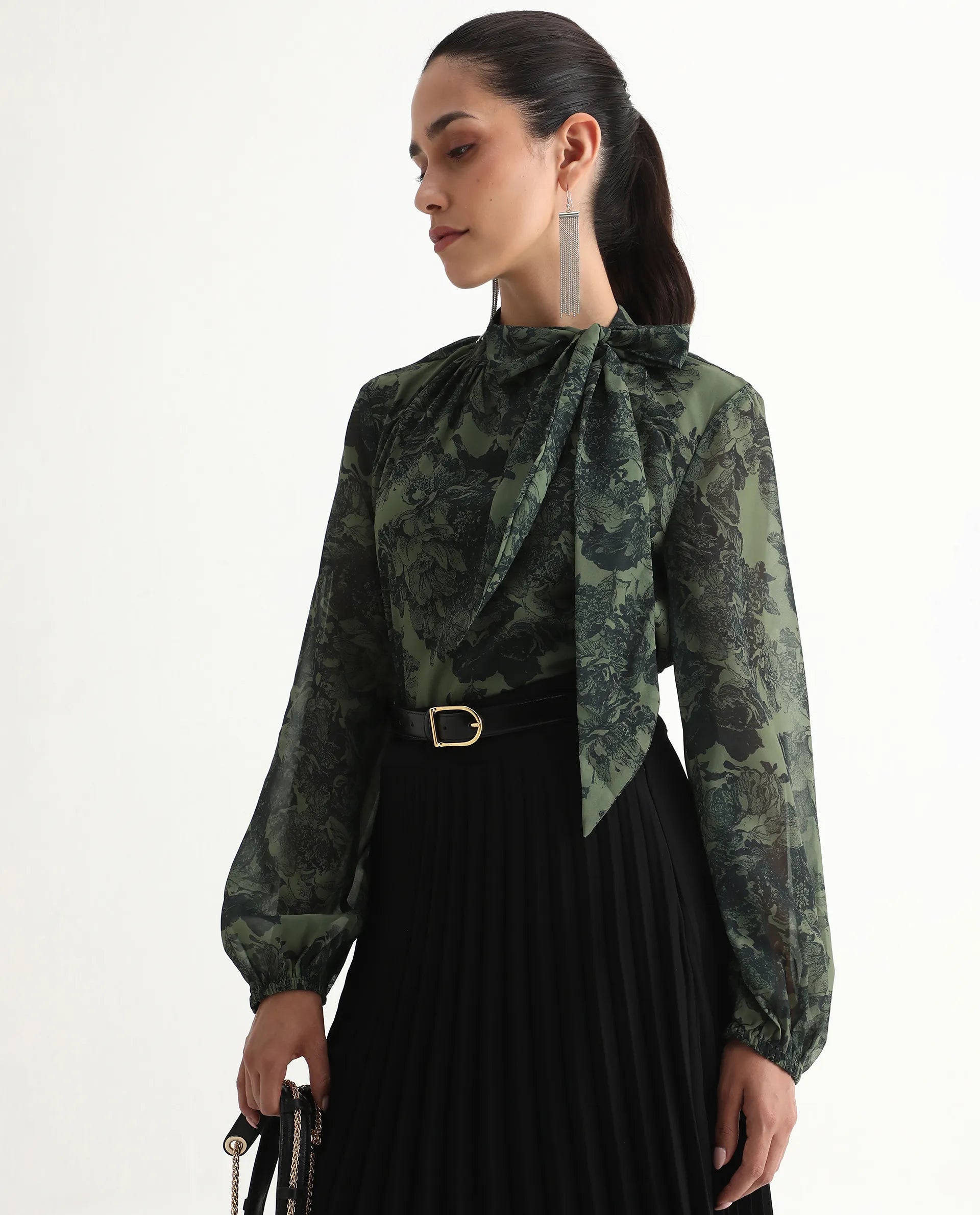 Rareism Women's Eleth Dark Green Polyester Bishop Sleeve Tie-Up Neck Regular Fit Top