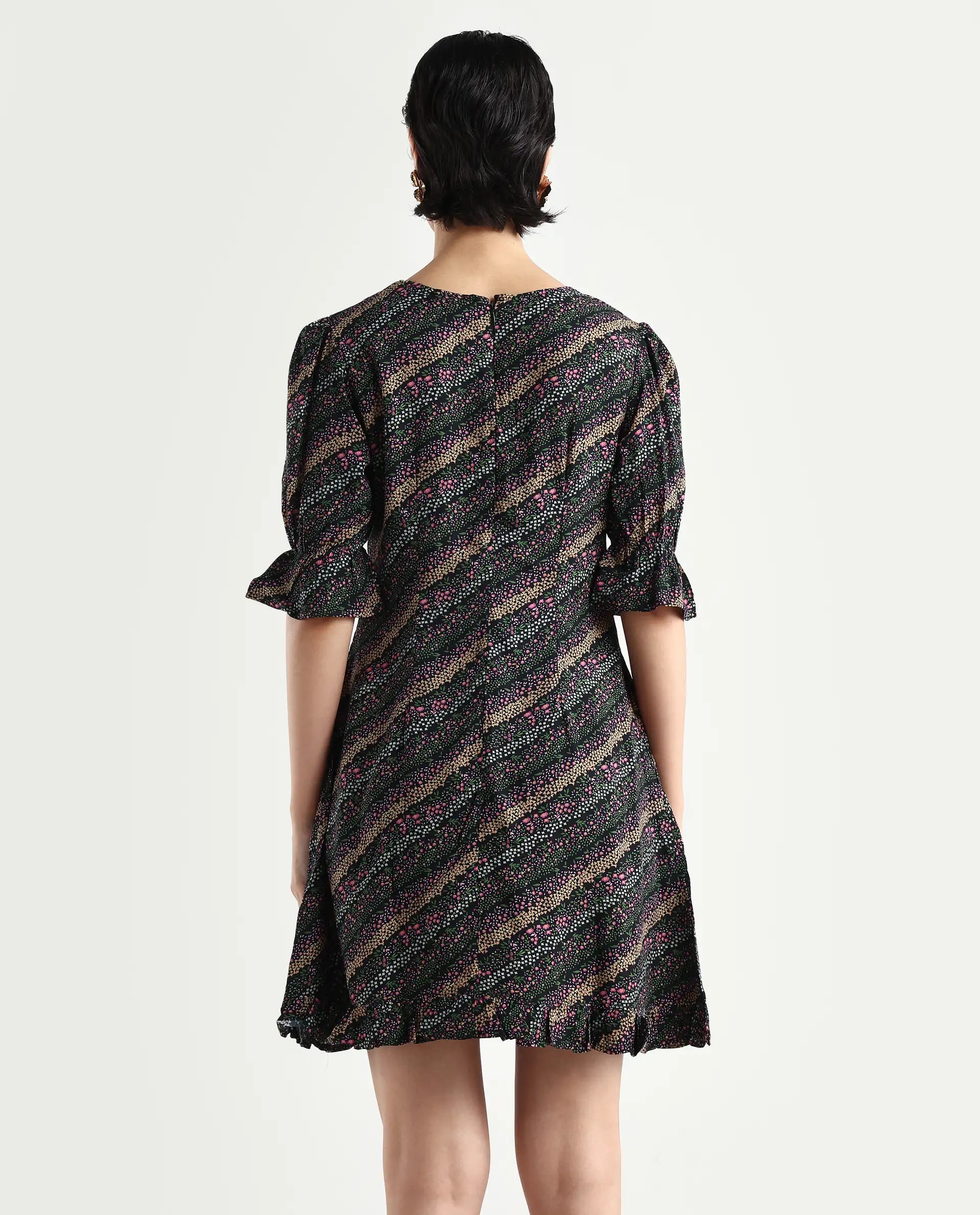 Rareism Women's Elevate Black Viscose V-Neck Floral Print Knee Length Regular Fit Dress