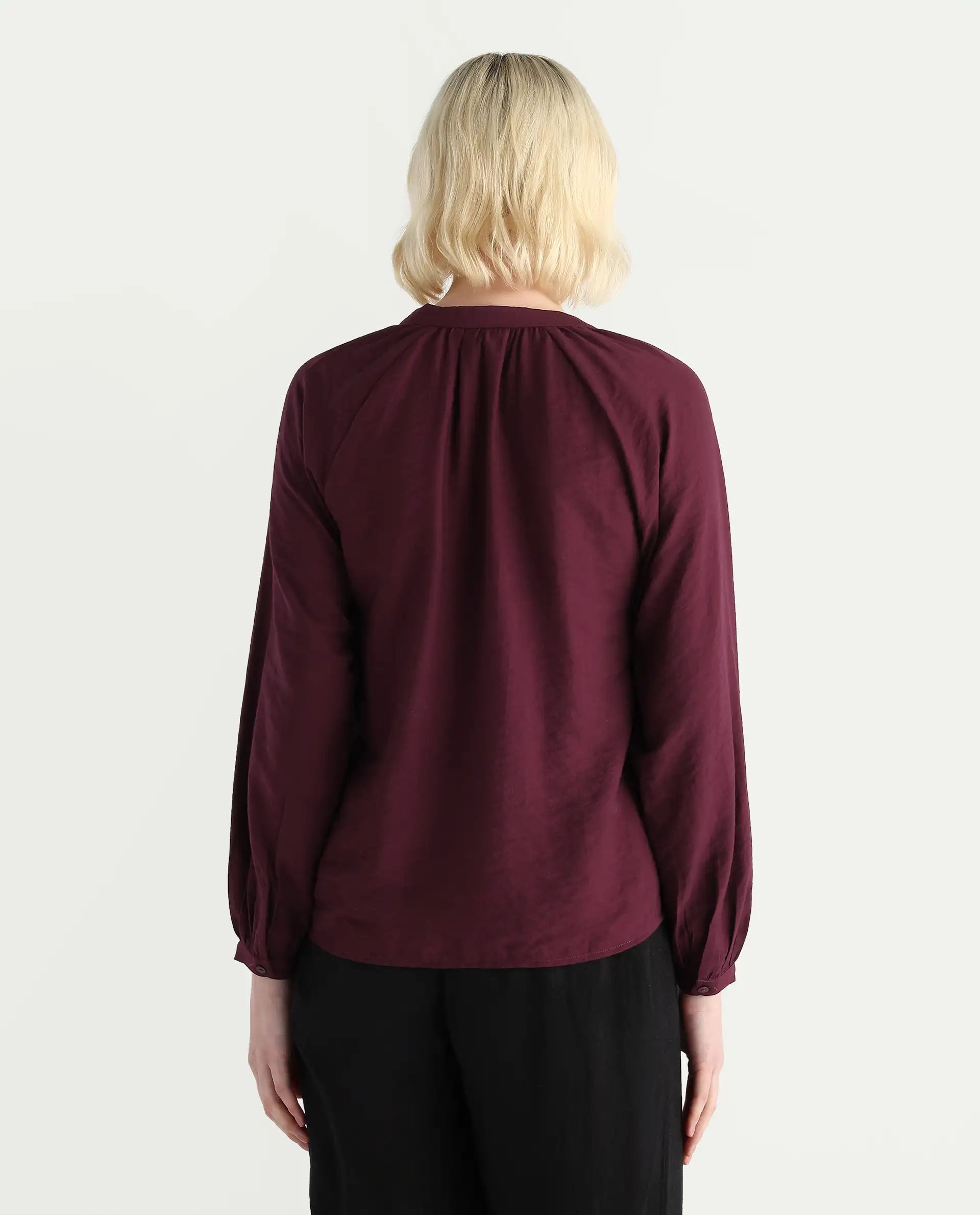 Rareism Women's Elexa Maroon 100% Polyester Raglan Sleeves Mandarin Collar Regular Fit Plain Top