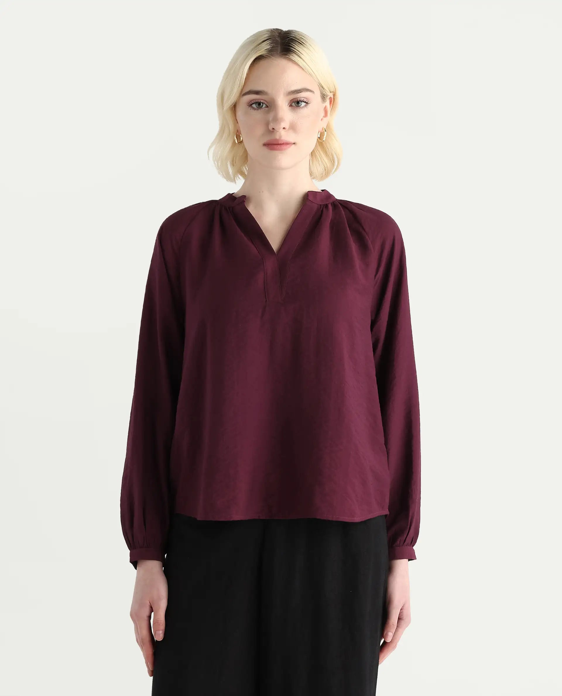 Rareism Women's Elexa Maroon 100% Polyester Raglan Sleeves Mandarin Collar Regular Fit Plain Top