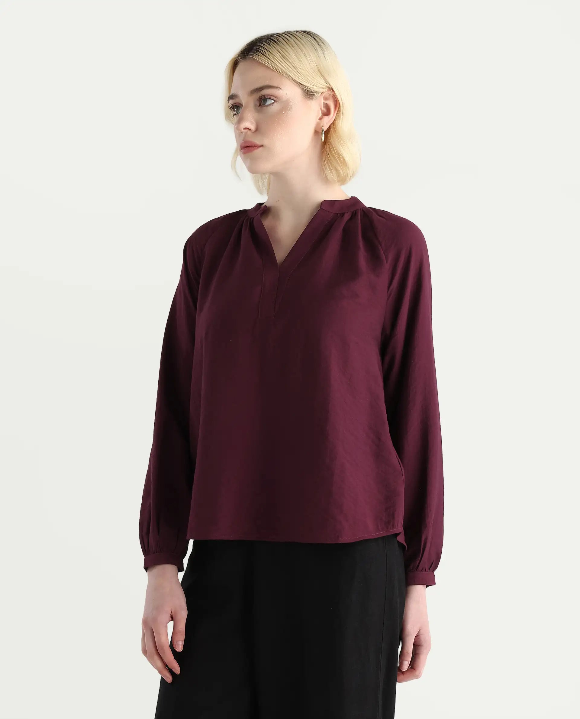 Rareism Women's Elexa Maroon 100% Polyester Raglan Sleeves Mandarin Collar Regular Fit Plain Top