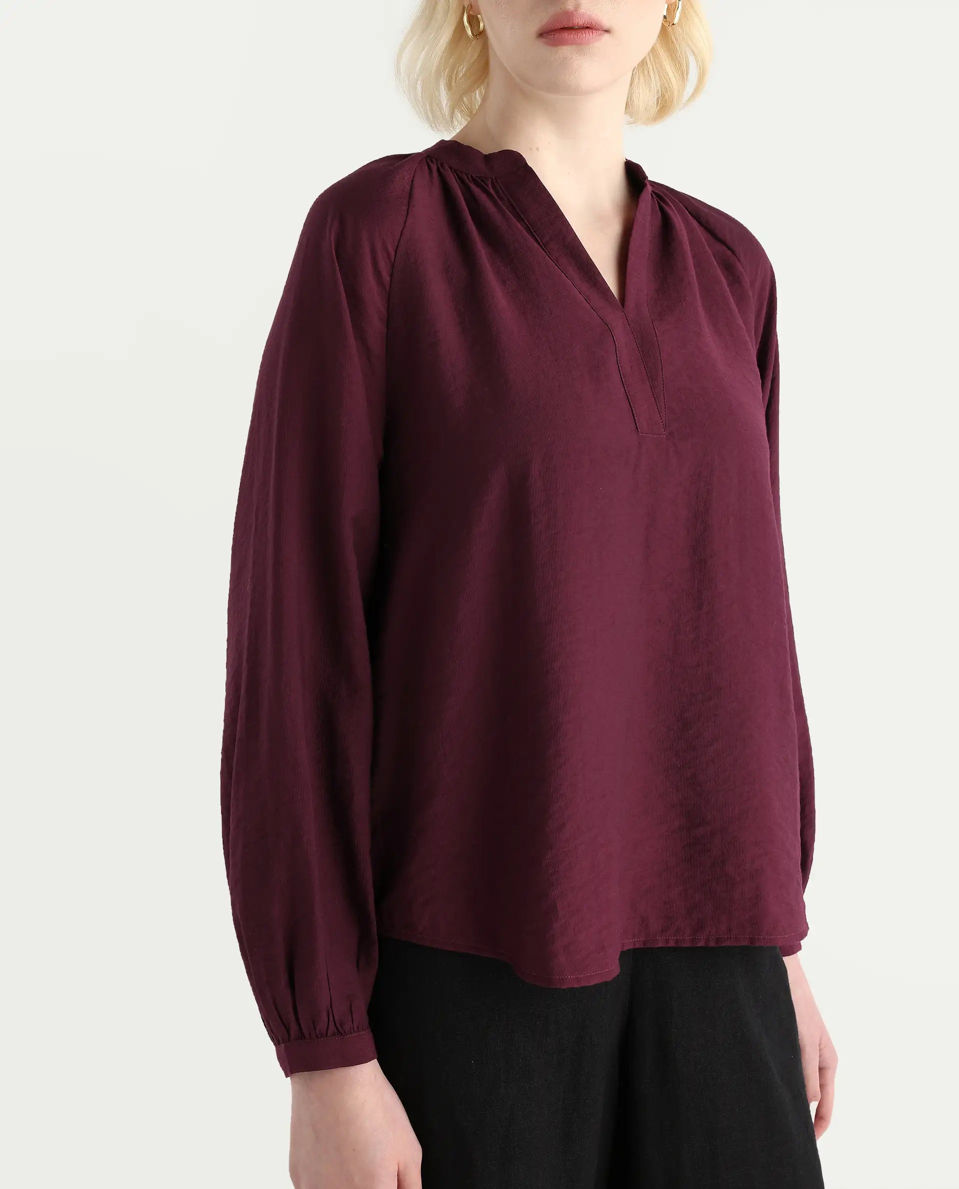 Rareism Women's Elexa Maroon 100% Polyester Raglan Sleeves Mandarin Collar Regular Fit Plain Top