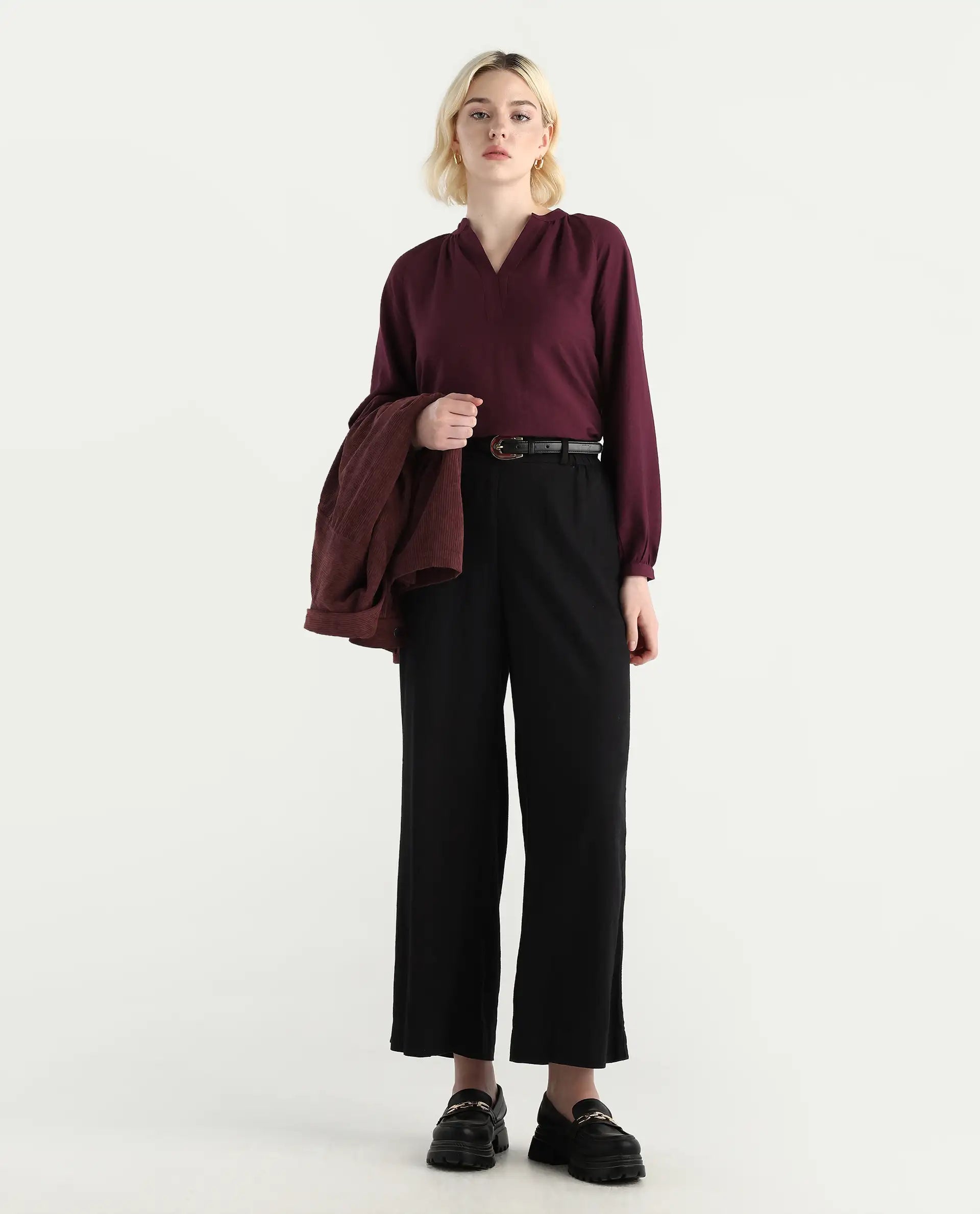 Rareism Women's Elexa Maroon 100% Polyester Raglan Sleeves Mandarin Collar Regular Fit Plain Top