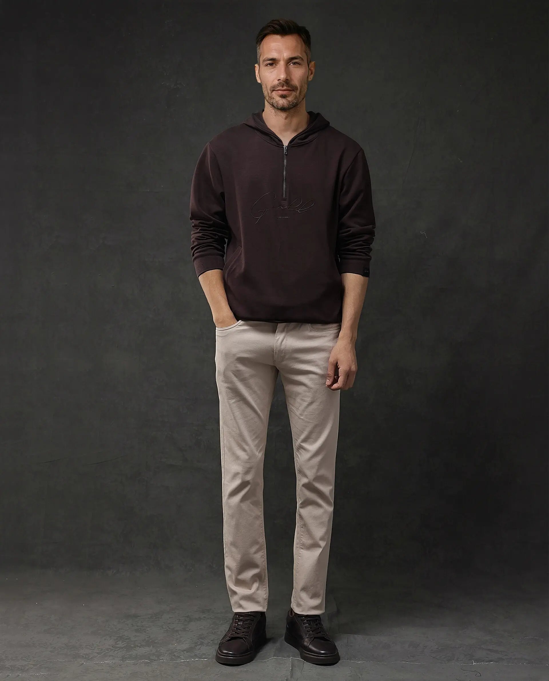 Rare Rabbit Men Eli-2 Maroon Full Sleeve Hooded Zipper Closure Signature Print Sweatshirt