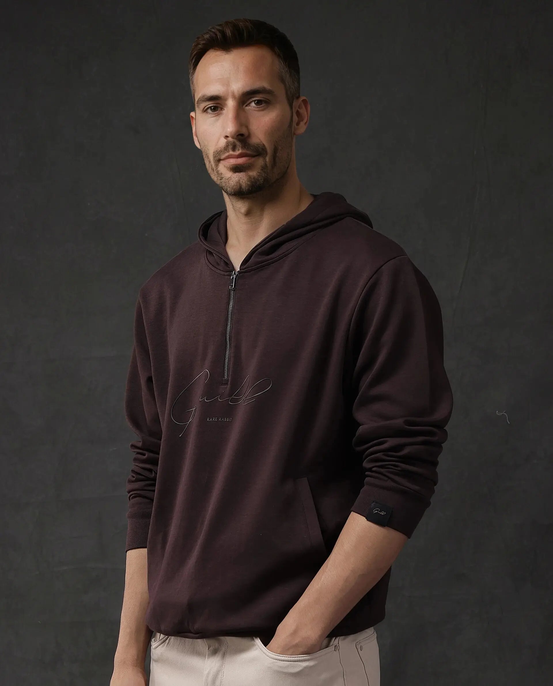 Rare Rabbit Men Eli-2 Maroon Full Sleeve Hooded Zipper Closure Signature Print Sweatshirt