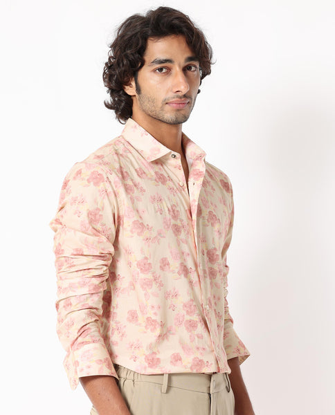 Rare Rabbit Men's Eliaa Pink Cotton Fabric Floral Print Full Sleeves S