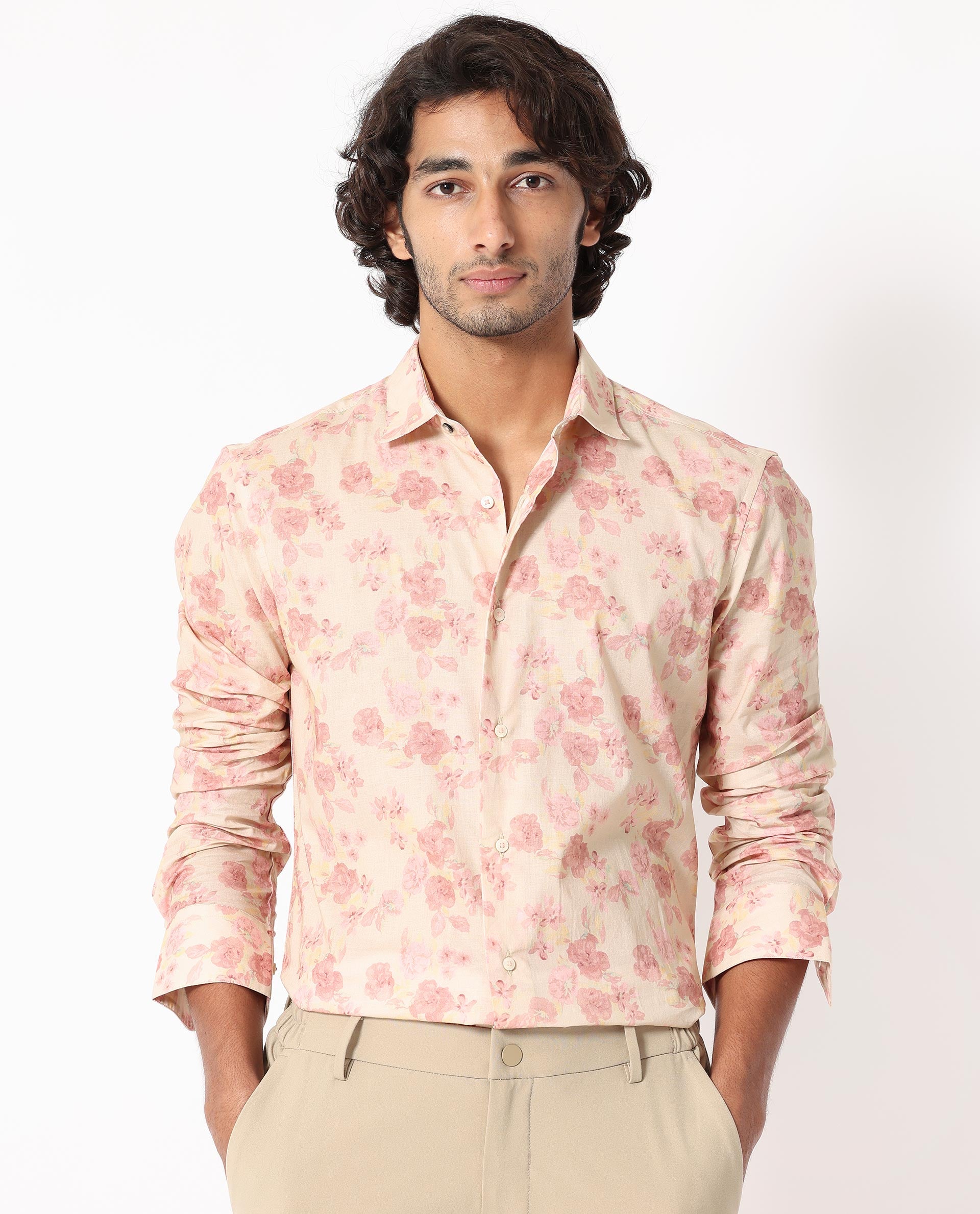 Rare Rabbit Men's Eliaa Pink Cotton Fabric Floral Print Full Sleeves Shirt