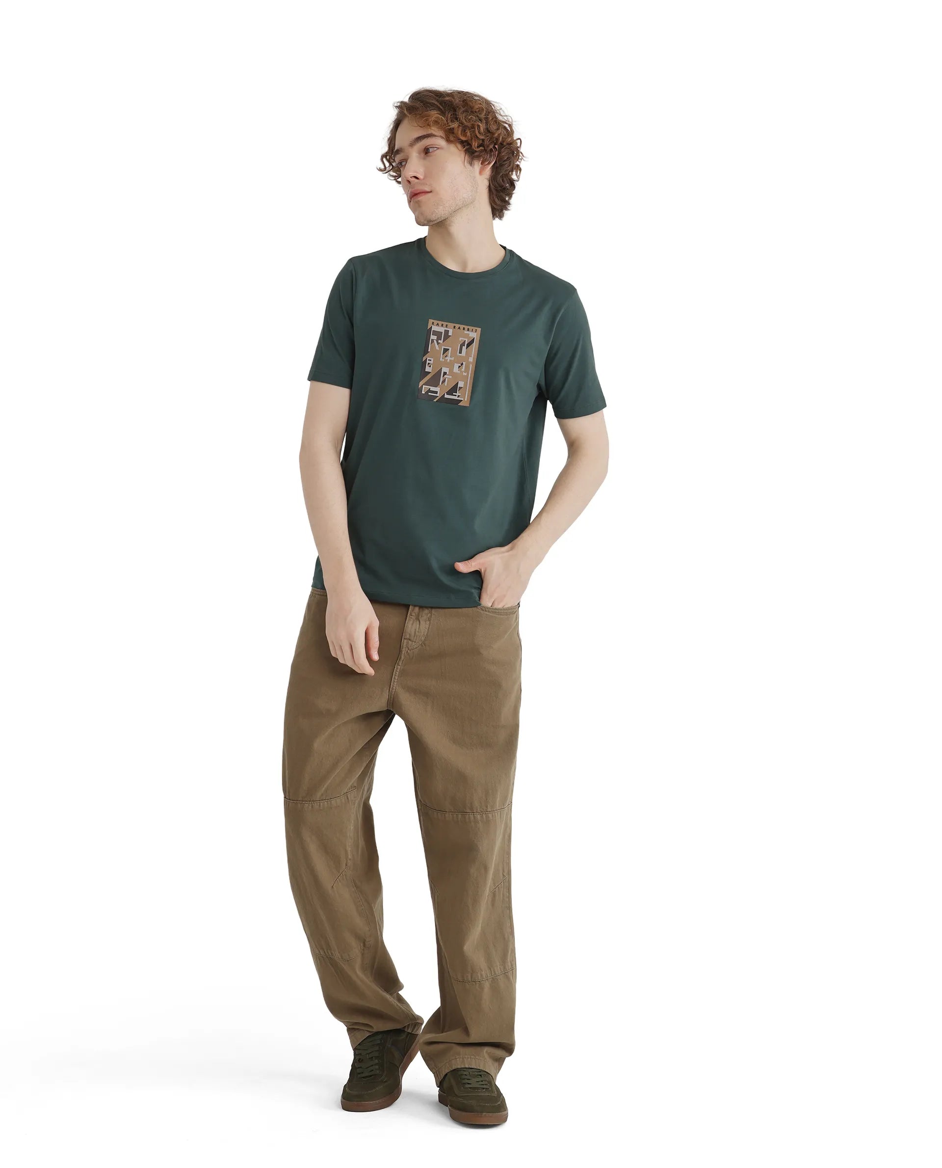 Rare Rabbit Men Elih Dusky Green Short Sleeve Crew Neck Graphic Print T-Shirt