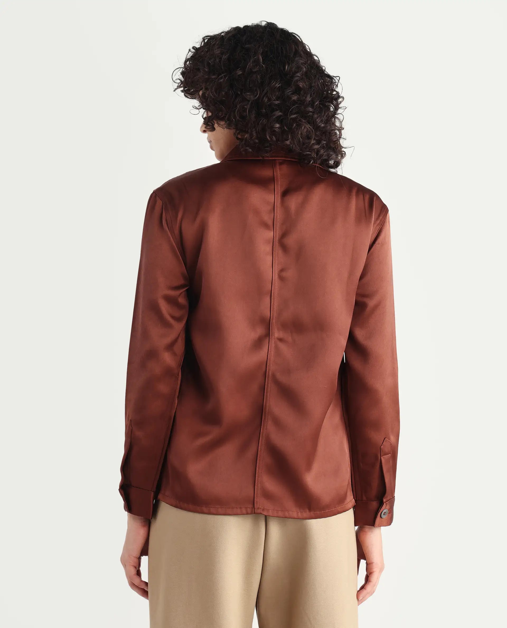 Rareism Women's Elika Brown Polyester Spread Collar Plain Regular Fit Jacket
