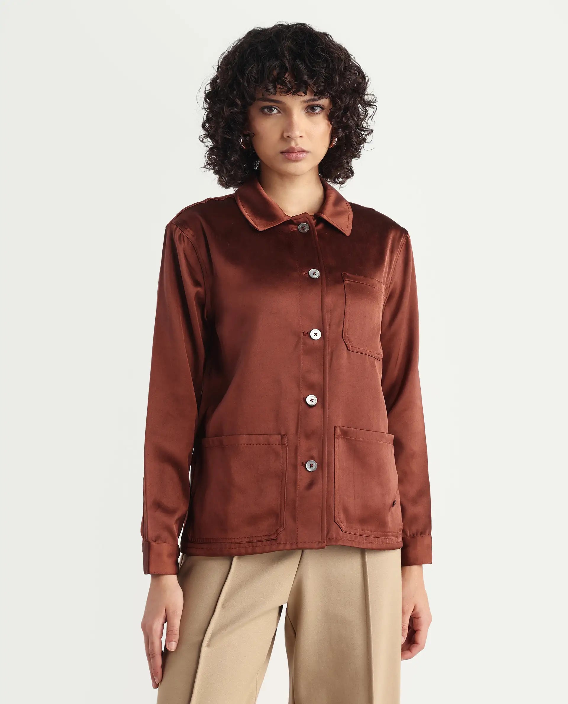 Rareism Women's Elika Brown Polyester Spread Collar Plain Regular Fit Jacket