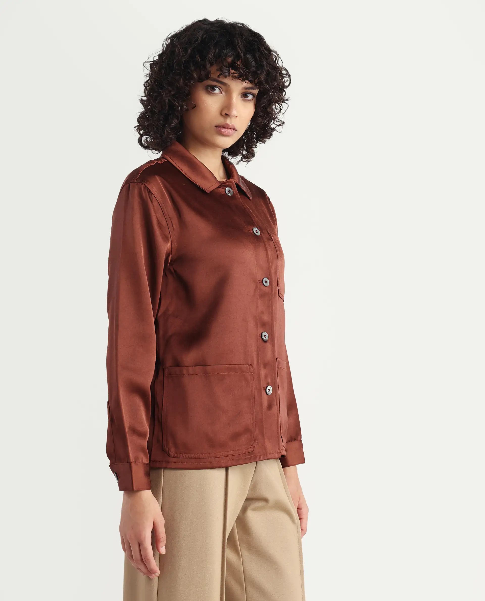 Rareism Women's Elika Brown Polyester Spread Collar Plain Regular Fit Jacket