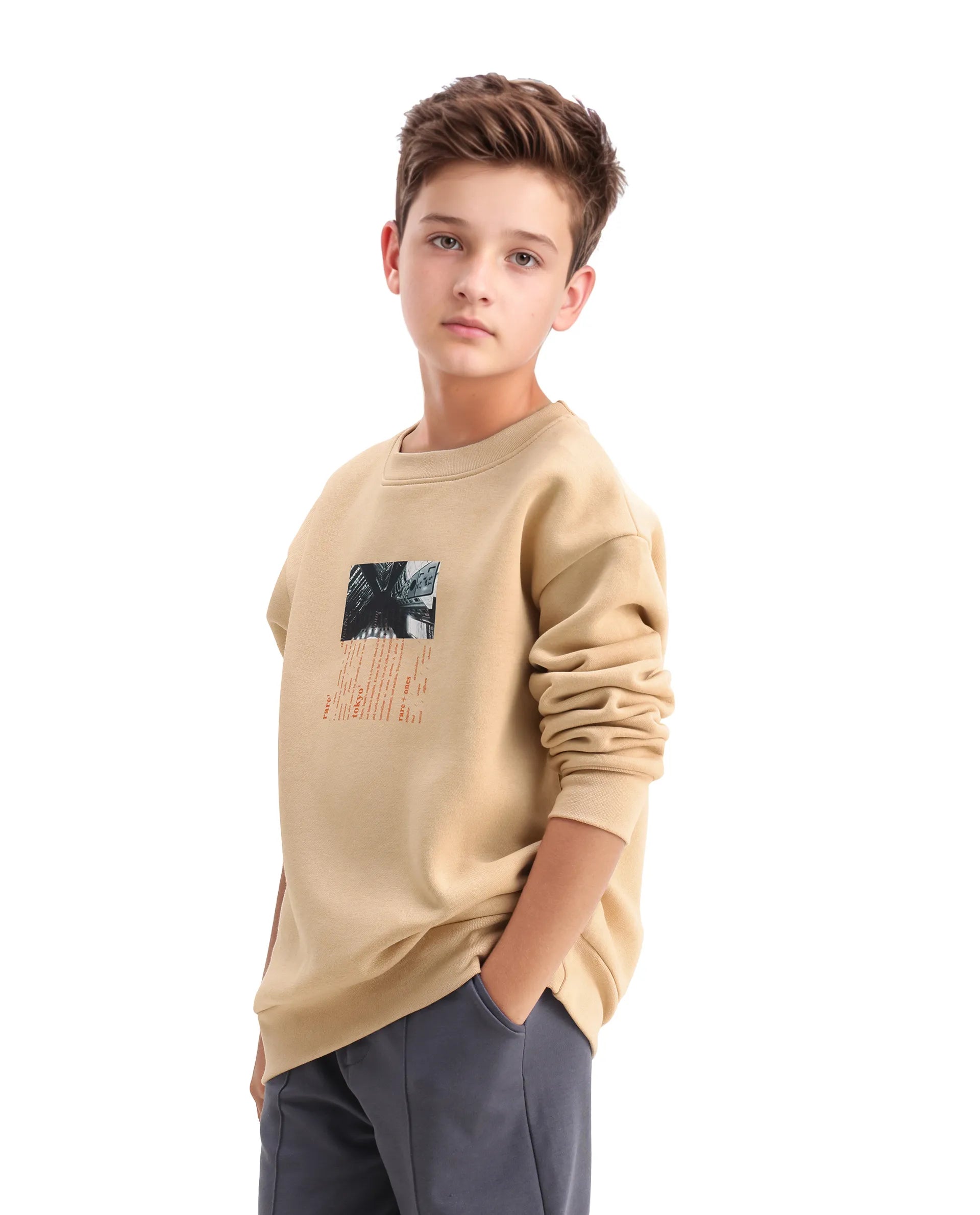 Rare Ones Kids Elio Beige Cotton Blend Digital Print Oversized Sweatshirt