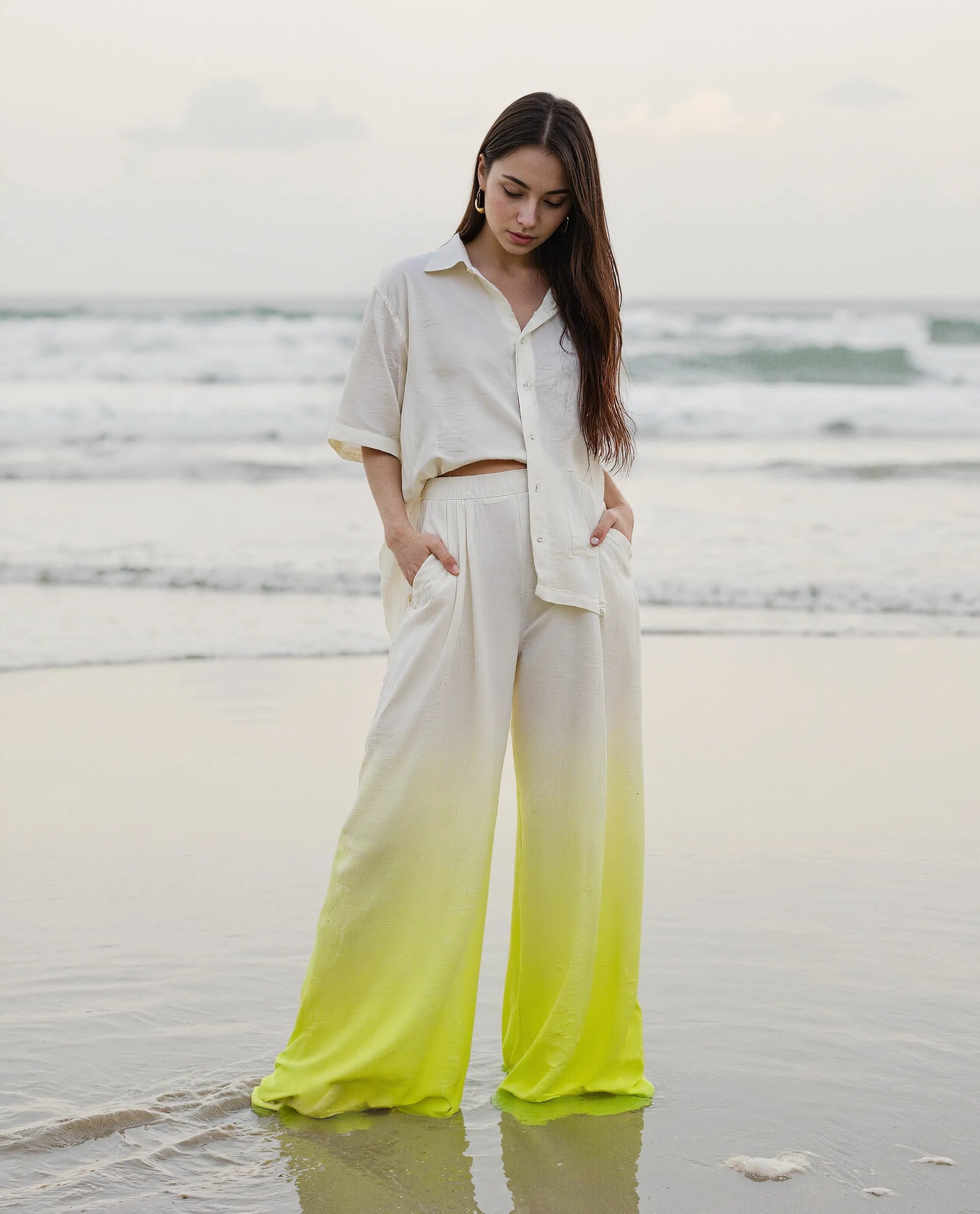 Rareism Women's Elise Green Cotton Ombre Ankle Length Wide Trouser