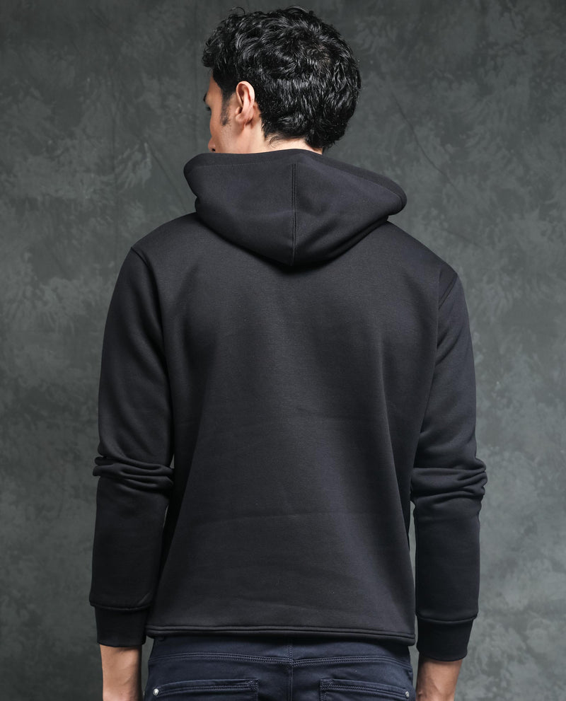RARE RABBIT MENS ELITE BLACK SWEATSHIRT COTTON POLYESTER FABRIC HOODED NECK KNITTED FULL SLEEVES ZIPPER CLOSURE COMFORTABLE FIT