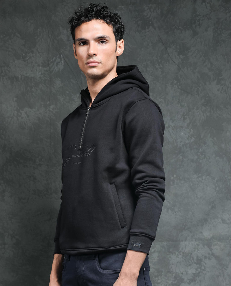 RARE RABBIT MENS ELITE BLACK SWEATSHIRT COTTON POLYESTER FABRIC HOODED NECK KNITTED FULL SLEEVES ZIPPER CLOSURE COMFORTABLE FIT