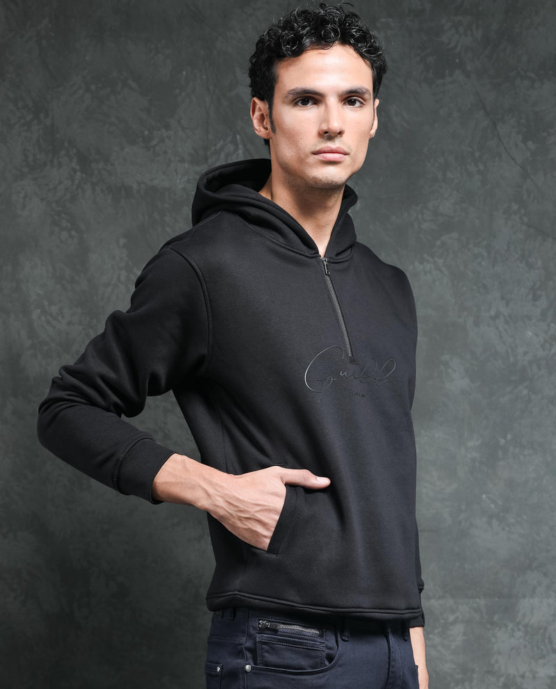 Rare Rabbit Mens Elite Black Cotton Polyester Fabric Hooded Neck Knitted Full Sleeves Zipper Closure Comfortable Fit Sweatshirt