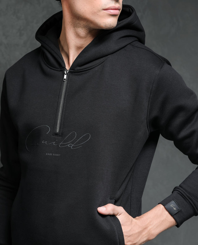 Rare Rabbit Mens Elite Black Cotton Polyester Fabric Hooded Neck Knitted Full Sleeves Zipper Closure Comfortable Fit Sweatshirt