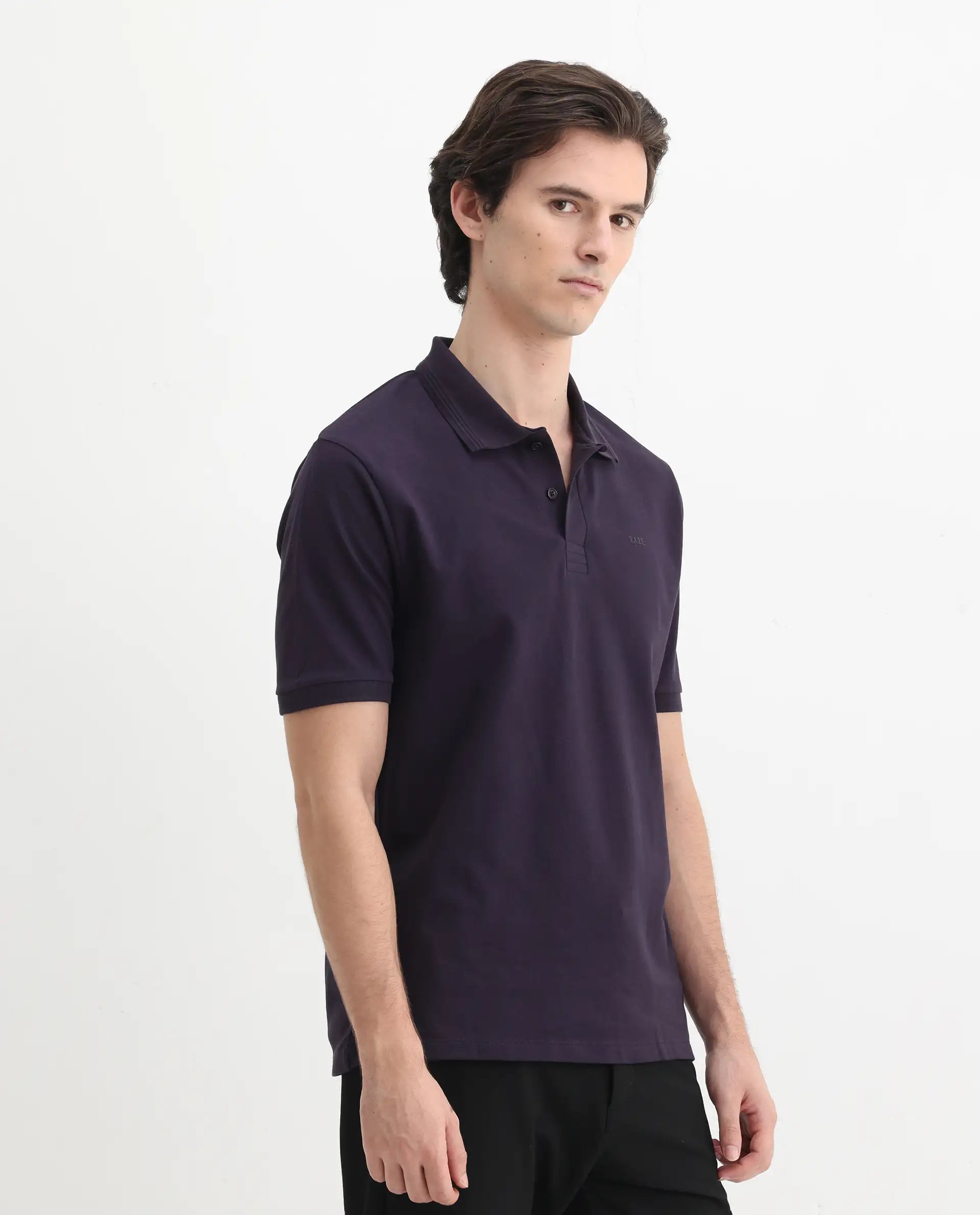 Rare Rabbit Men's Elixir Dark Purple Cotton Blend Plain Regular Fit Half Sleeve Polo