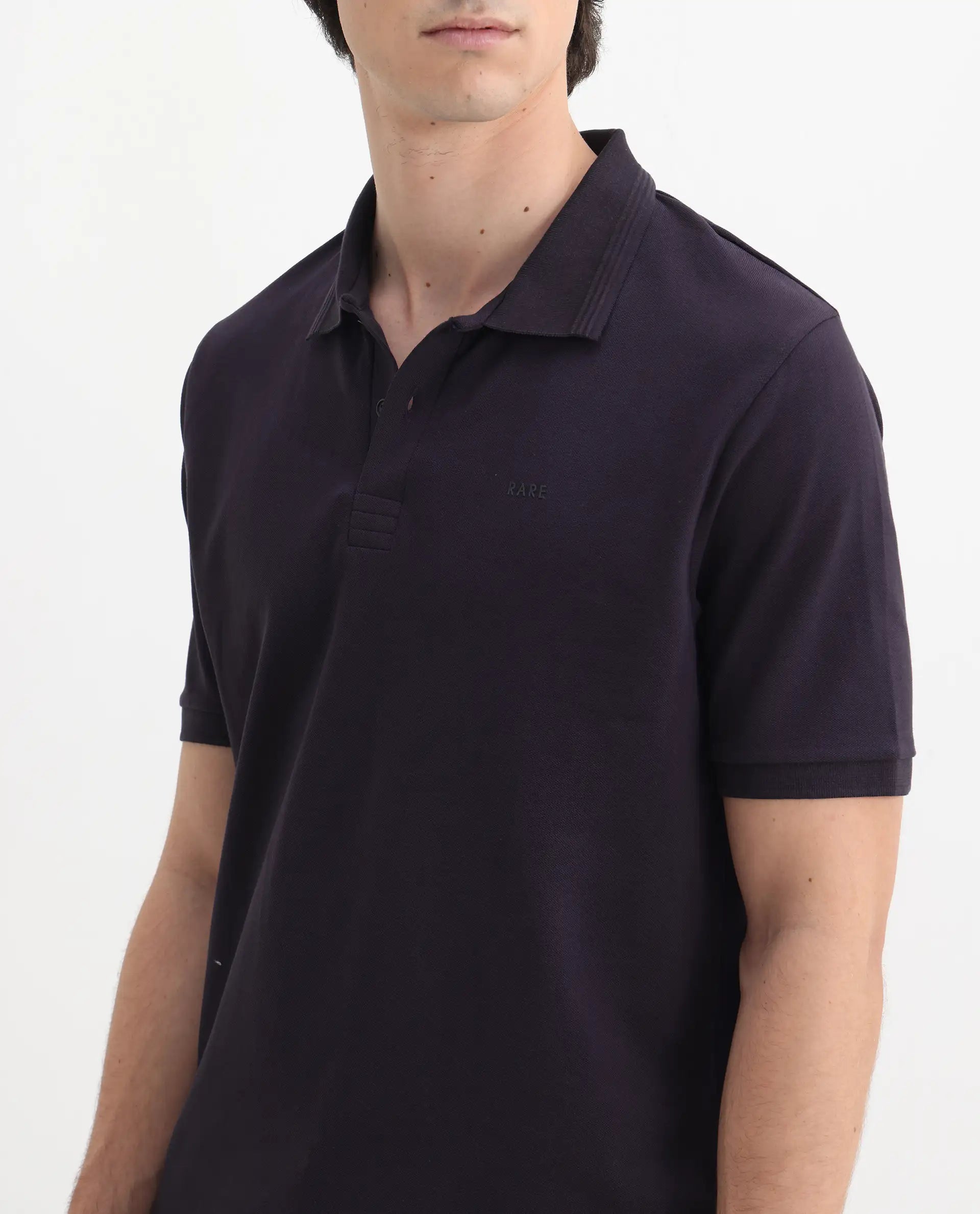Rare Rabbit Men's Elixir Dark Purple Cotton Blend Plain Regular Fit Half Sleeve Polo