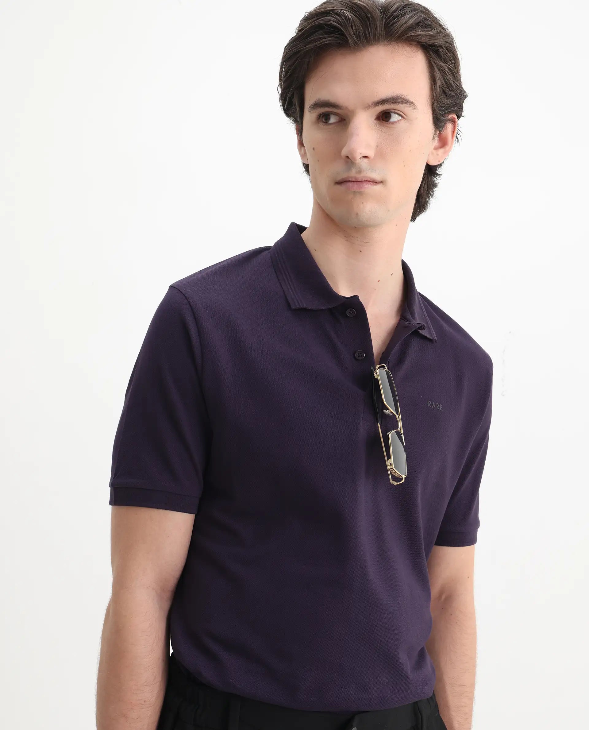Rare Rabbit Men's Elixir Dark Purple Cotton Blend Plain Regular Fit Half Sleeve Polo