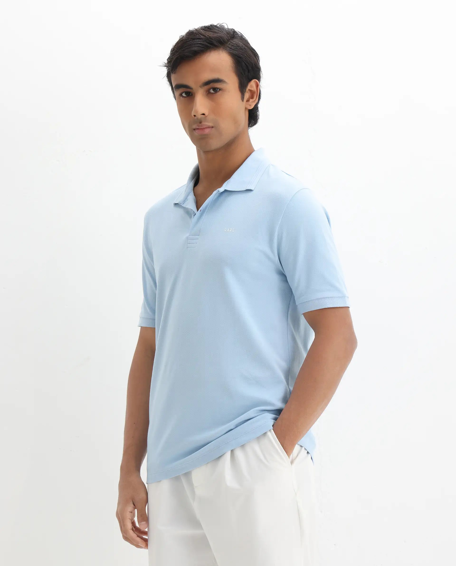 Rare Rabbit Men's Elixir Dusky Blue Cotton Blend Plain Regular Fit Half Sleeve Polo