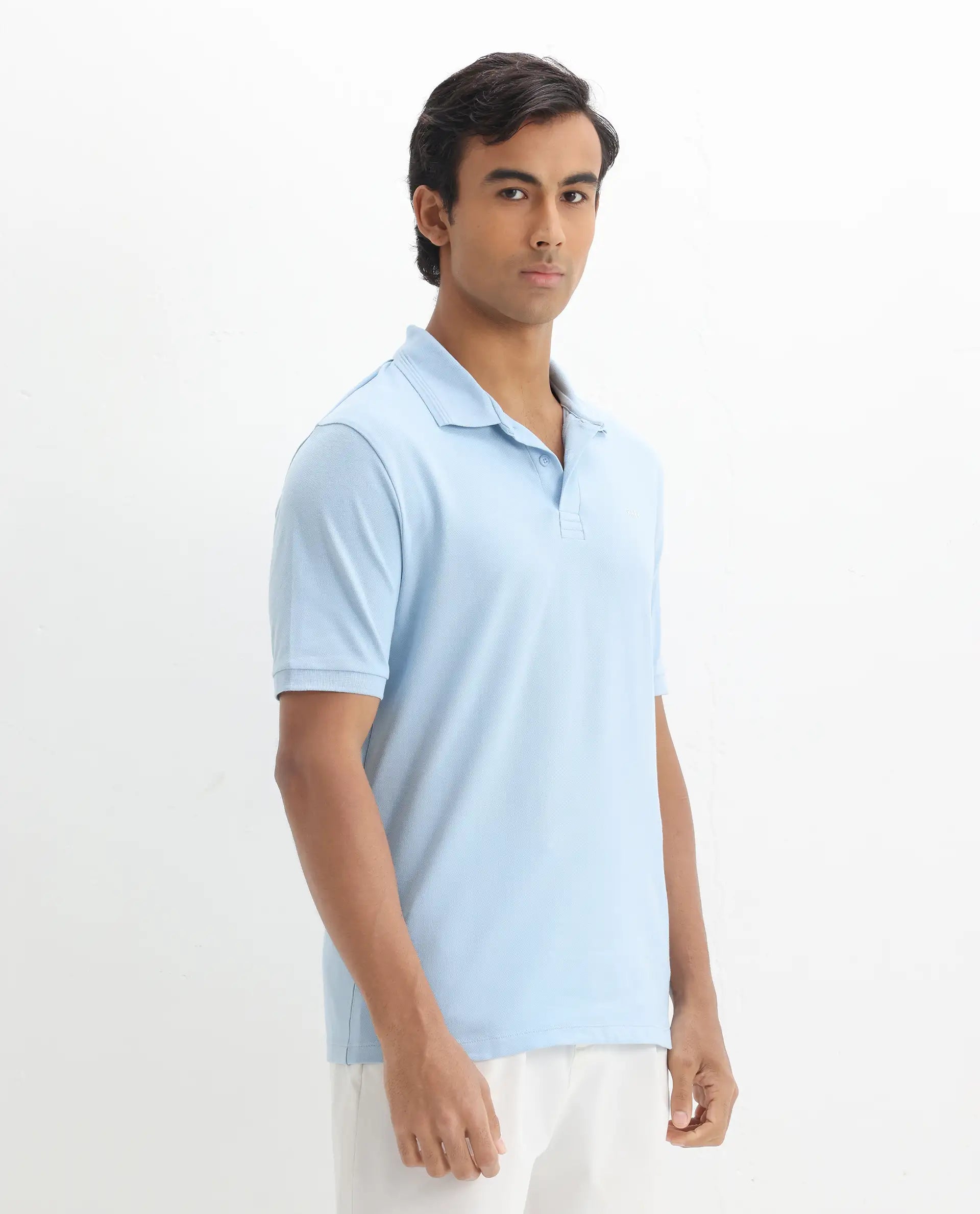 Rare Rabbit Men's Elixir Dusky Blue Cotton Blend Plain Regular Fit Half Sleeve Polo