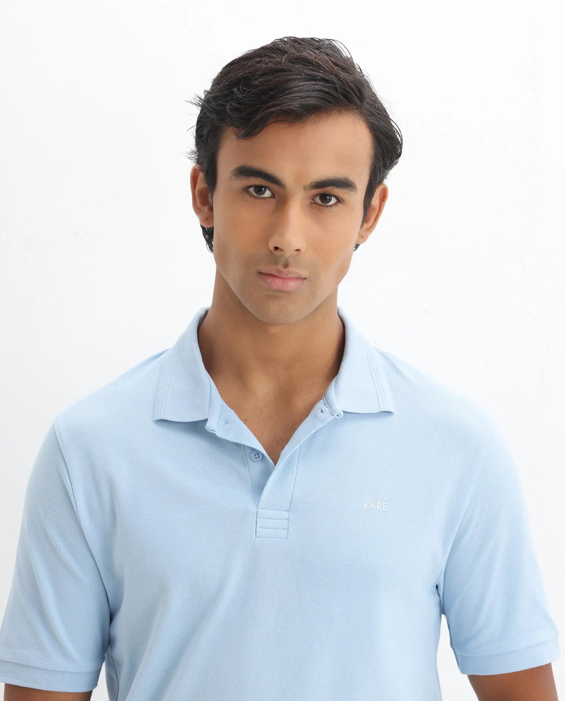 Rare Rabbit Men's Elixir Dusky Blue Cotton Blend Plain Regular Fit Half Sleeve Polo