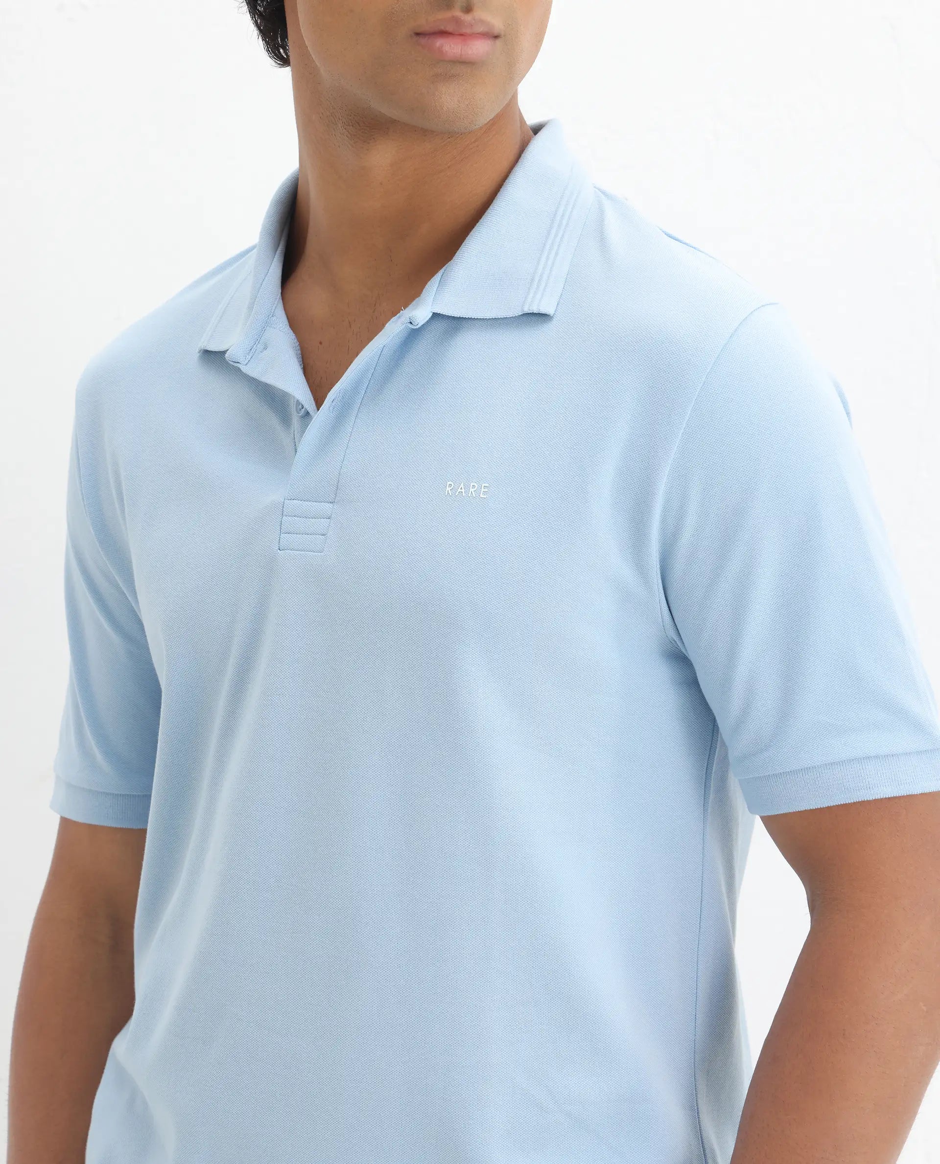 Rare Rabbit Men's Elixir Dusky Blue Cotton Blend Plain Regular Fit Half Sleeve Polo