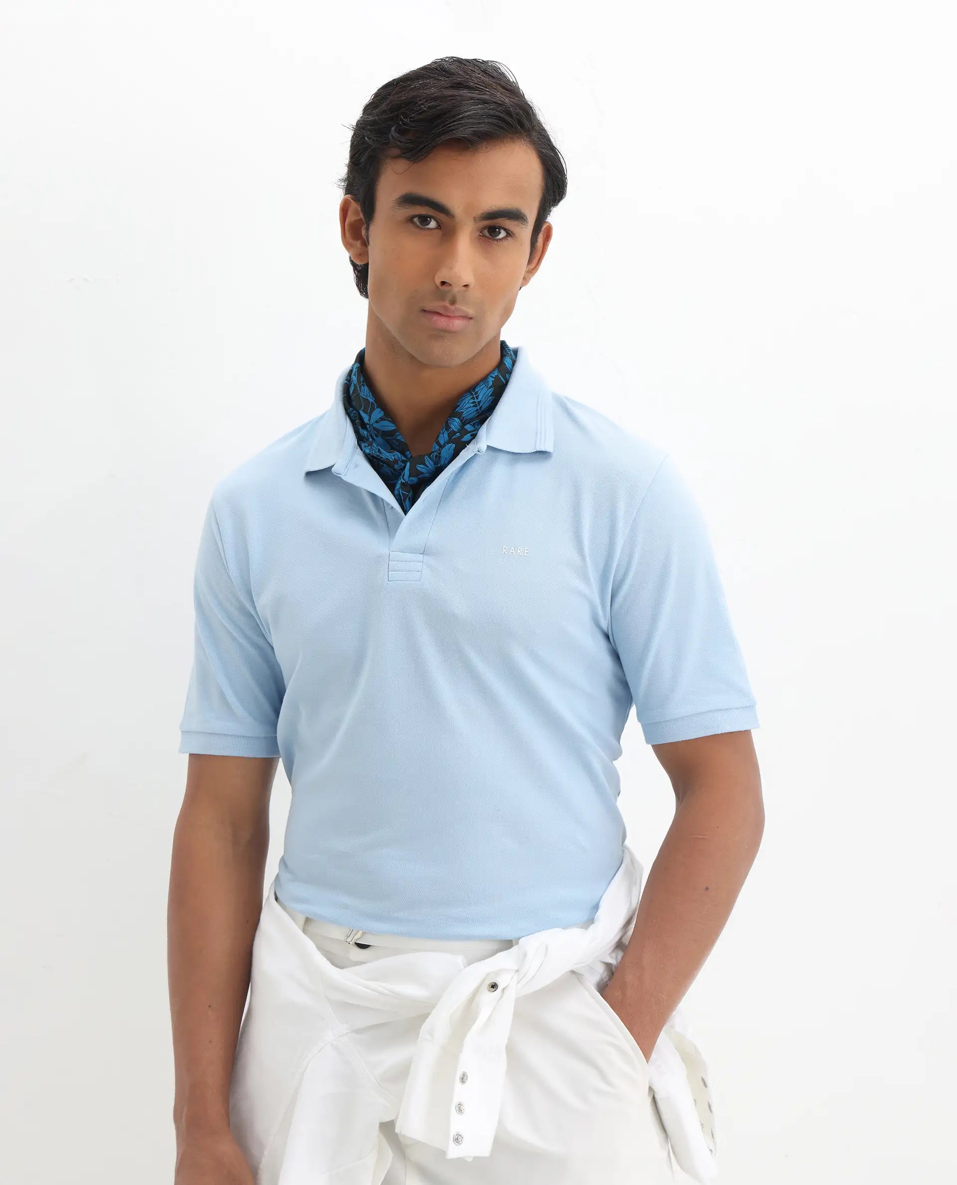 Rare Rabbit Men's Elixir Dusky Blue Cotton Blend Plain Regular Fit Half Sleeve Polo