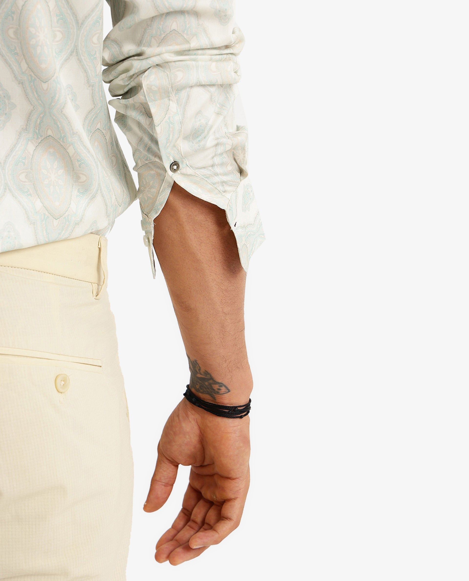 Rare Rabbit Men Elix Off White Cotton Modal Fabric Full Sleeve Button Closure Regular Fit Ornament Print Satin Shirt