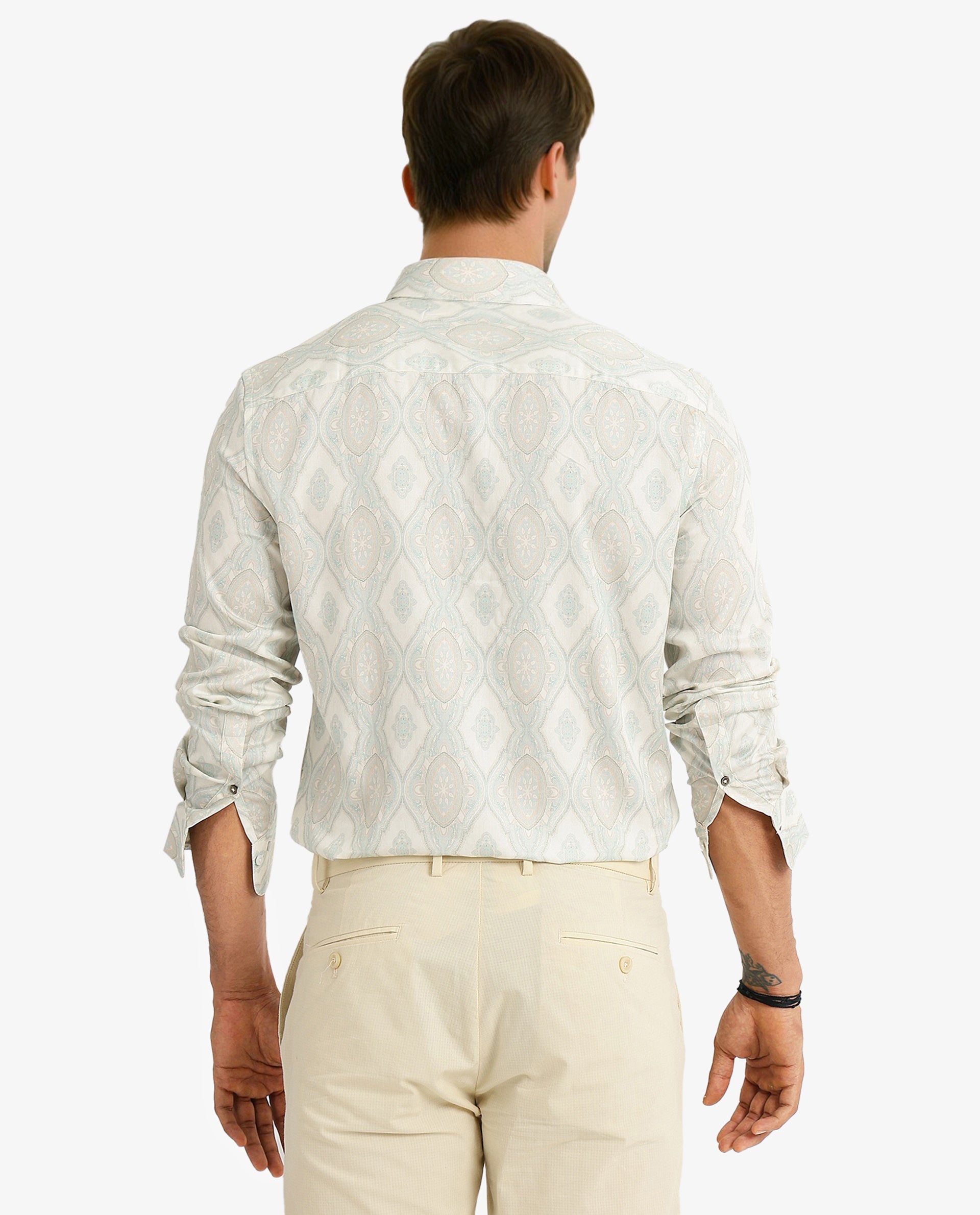 Rare Rabbit Men Elix Off White Cotton Modal Fabric Full Sleeve Button Closure Regular Fit Ornament Print Satin Shirt