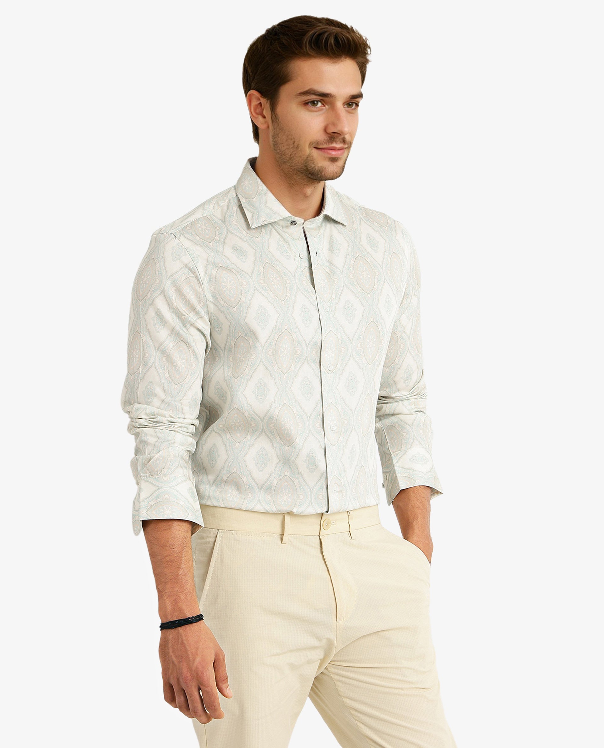 Rare Rabbit Men Elix Off White Cotton Modal Fabric Full Sleeve Button Closure Regular Fit Ornament Print Satin Shirt