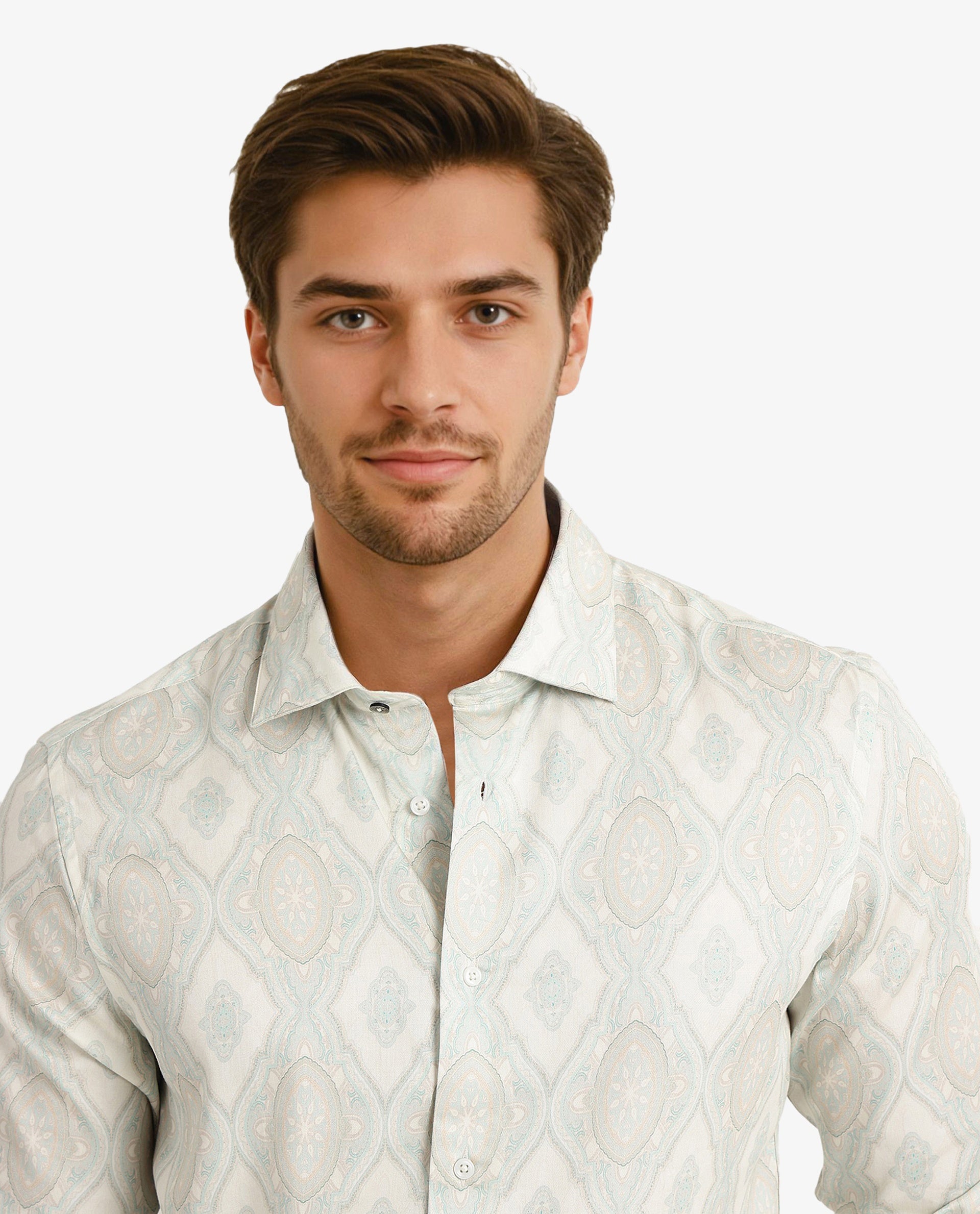 Rare Rabbit Men Elix Off White Cotton Modal Fabric Full Sleeve Button Closure Regular Fit Ornament Print Satin Shirt