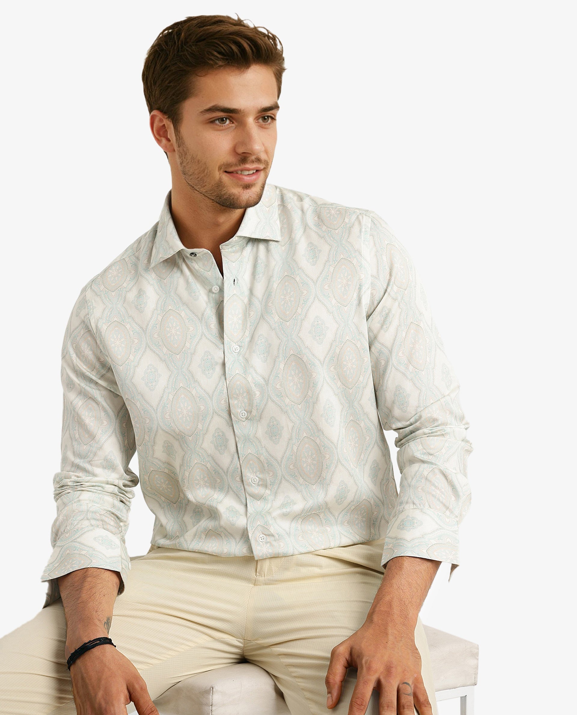 Rare Rabbit Men Elix Off White Cotton Modal Fabric Full Sleeve Button Closure Regular Fit Ornament Print Satin Shirt