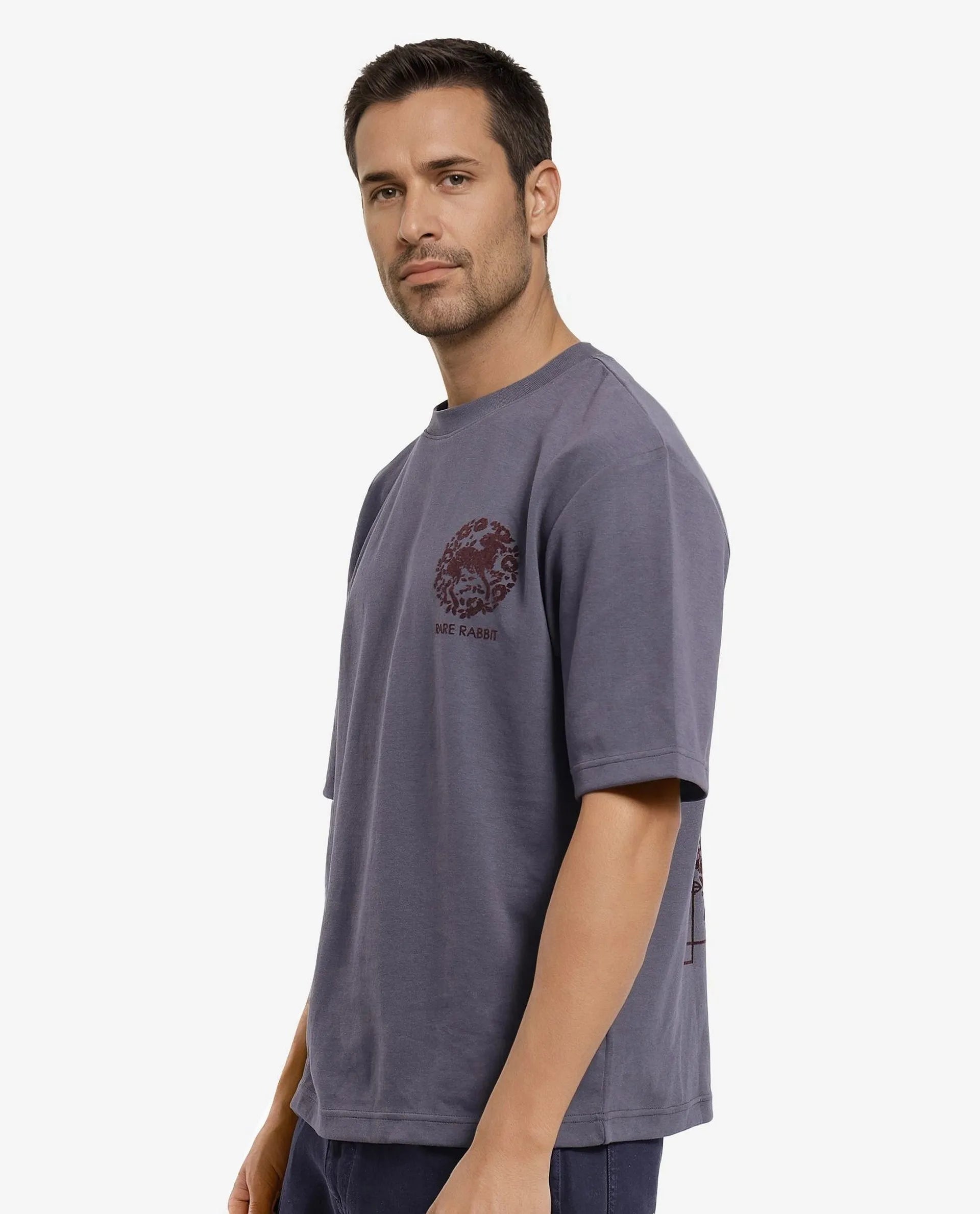 Rare Rabbit Men Eliy Dark Grey Cotton Polyester Fabric Short Sleeve Crew Neck Botanical Back Print Oversized Fit T-Shirt